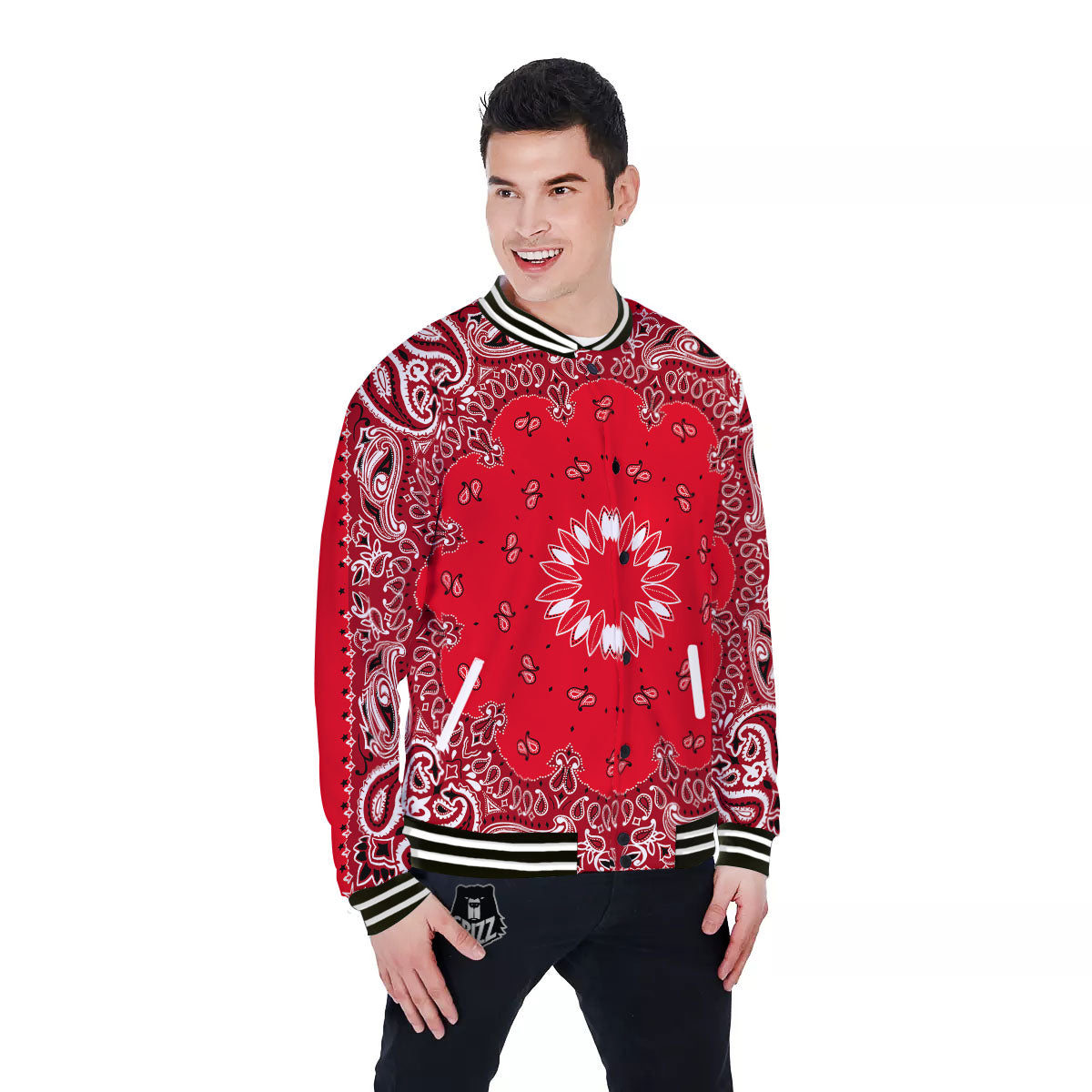 Paisley Bandana White And Red Print Baseball Jacket-grizzshop