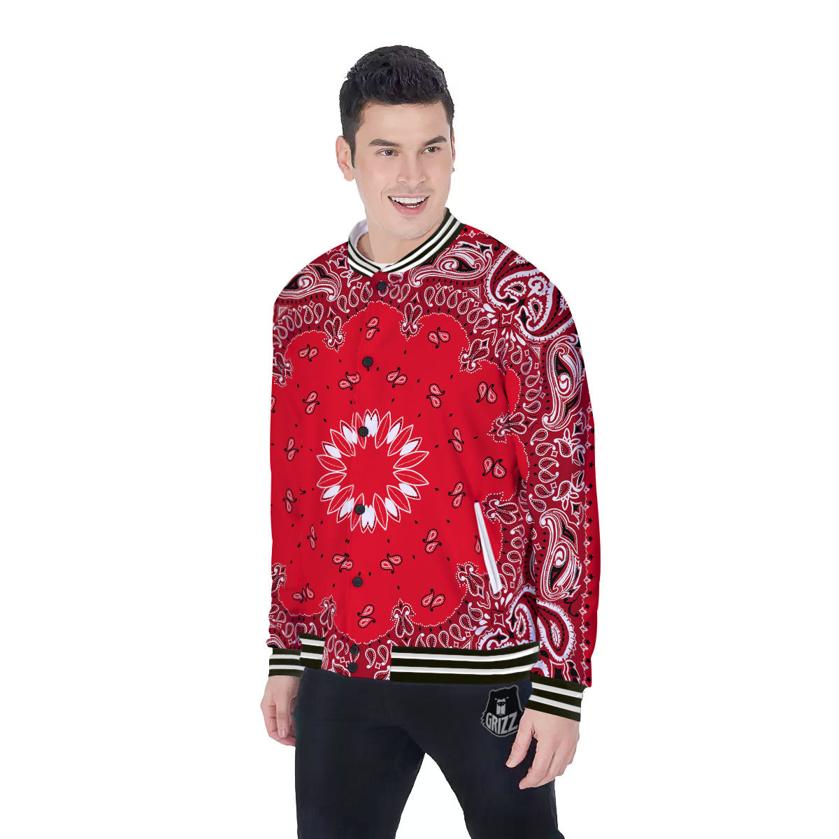 Paisley Bandana White And Red Print Baseball Jacket-grizzshop