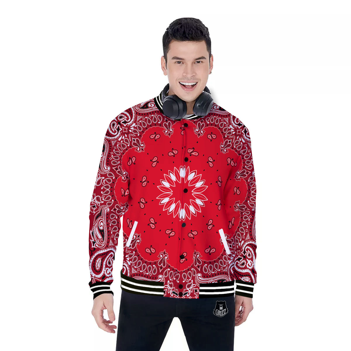 Paisley Bandana White And Red Print Baseball Jacket-grizzshop