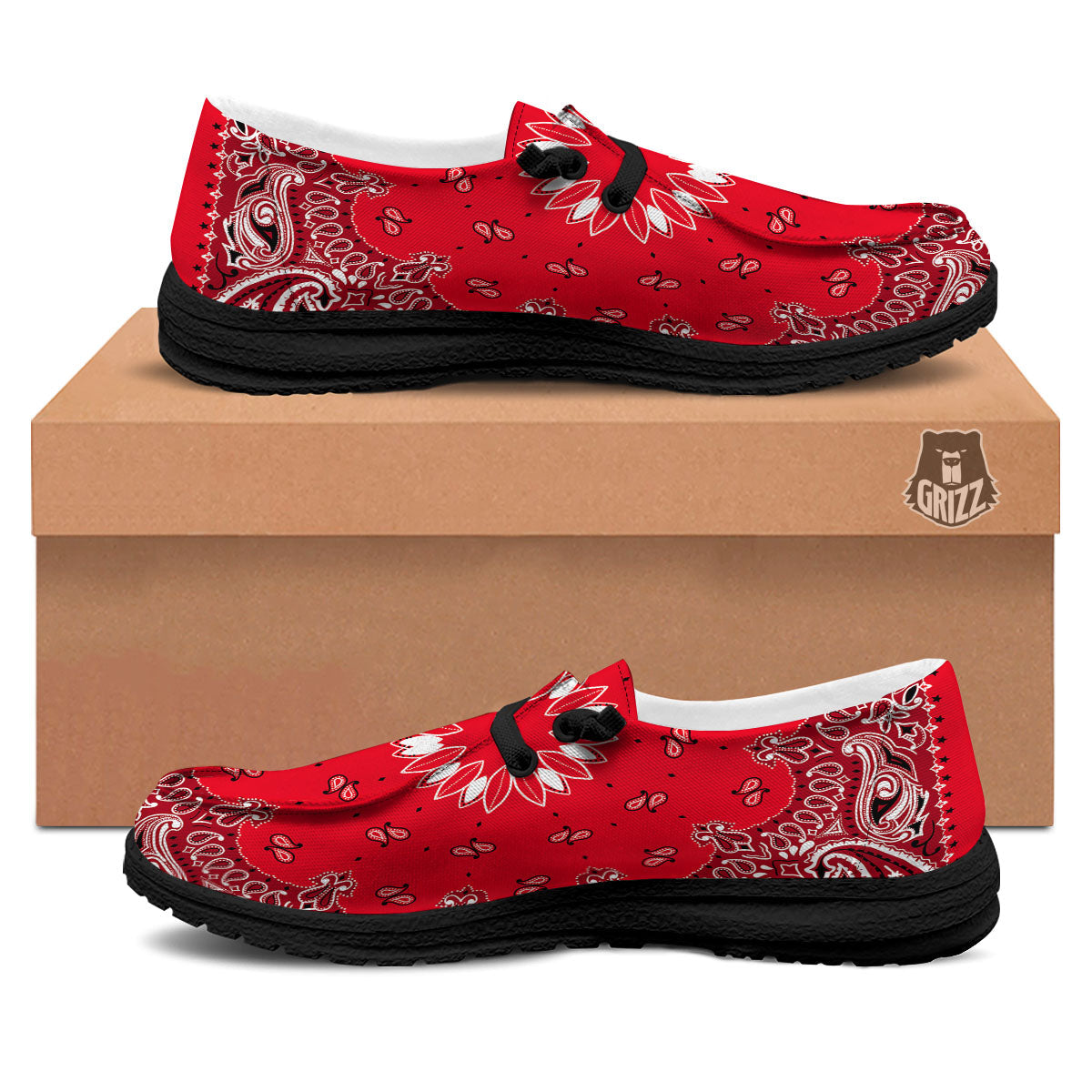 Paisley Bandana White And Red Print Black Loafers-grizzshop
