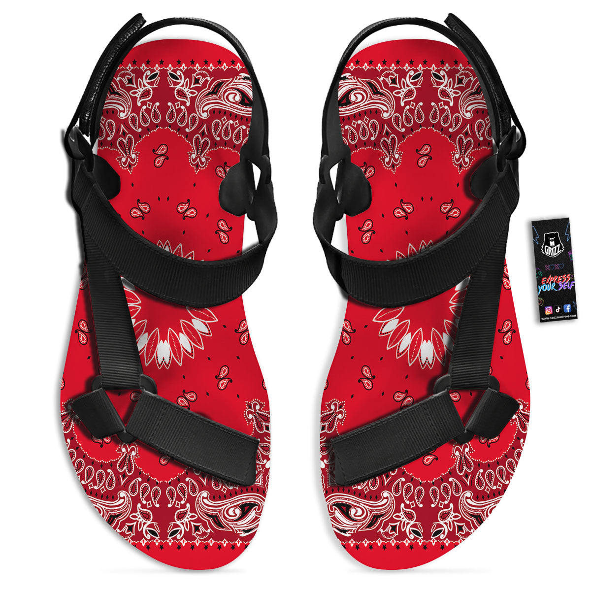 Paisley Bandana White And Red Print Black Open Toe Sandals-grizzshop