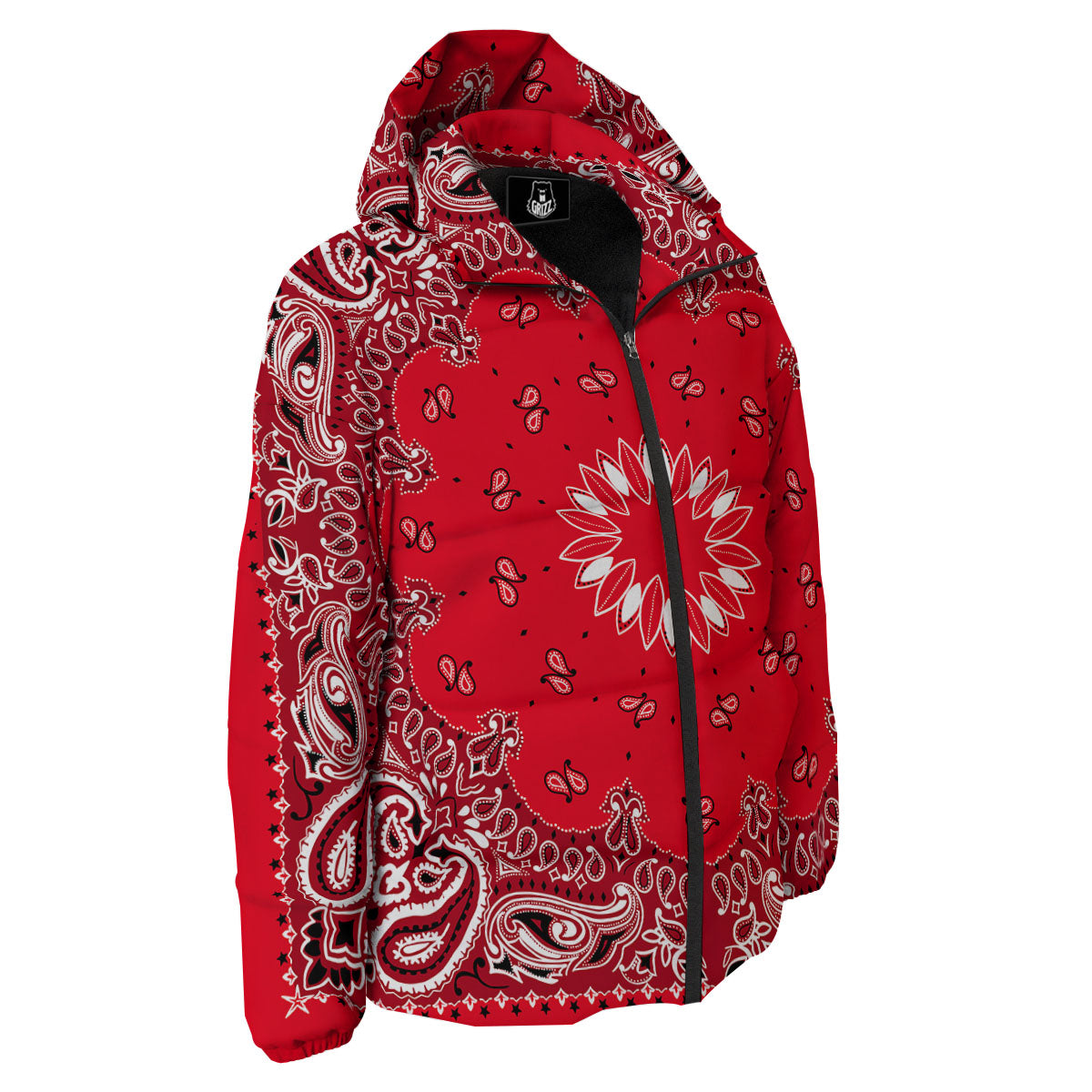 Paisley Bandana White And Red Print Down Jacket-grizzshop