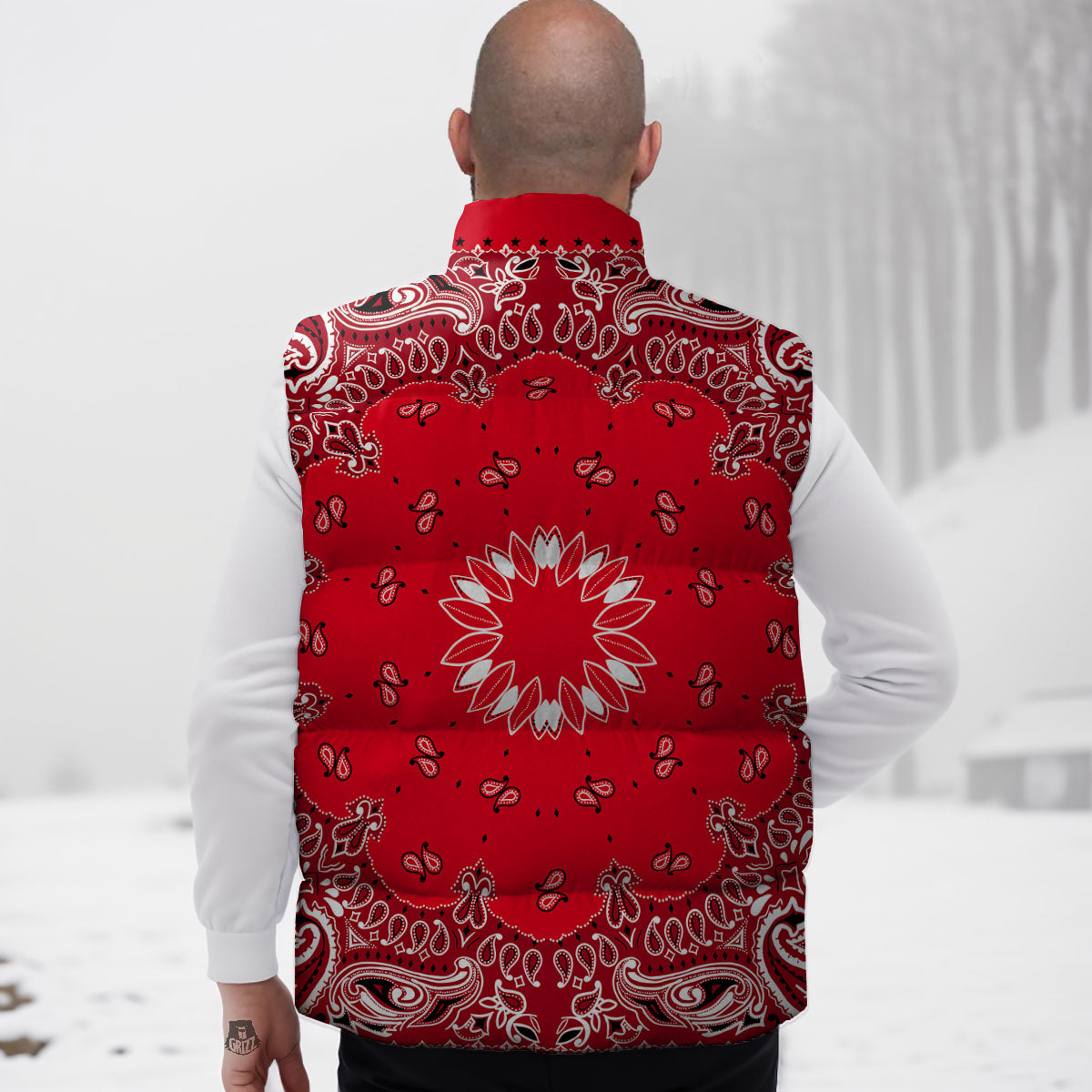 Paisley Bandana White And Red Print Down Vest