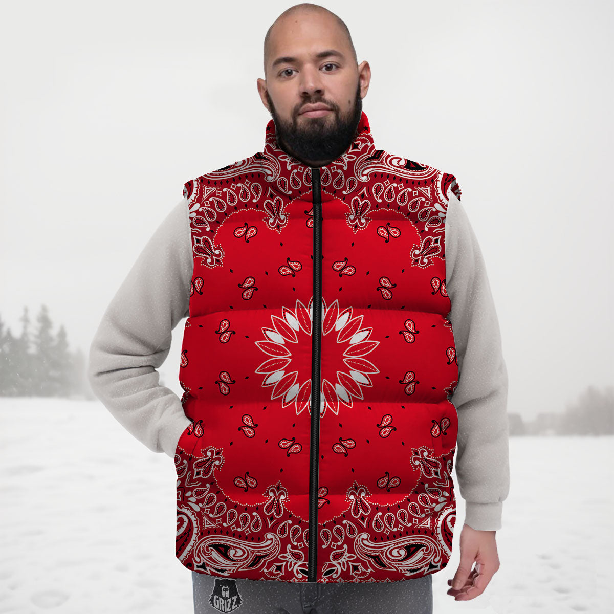 Paisley Bandana White And Red Print Down Vest