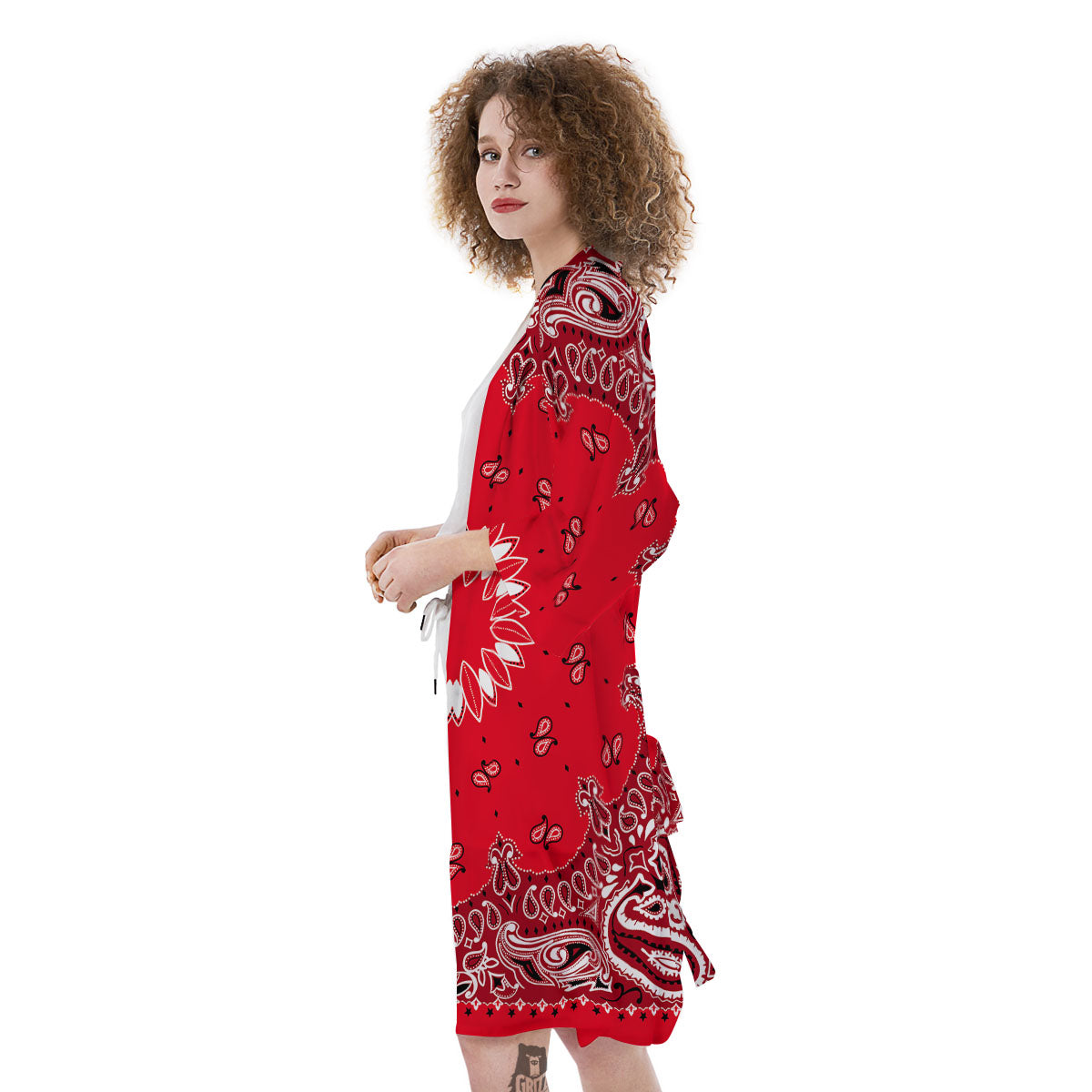 Paisley Bandana White And Red Print Kimono-grizzshop