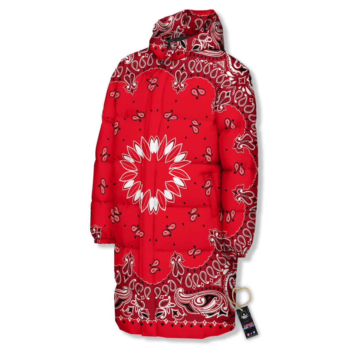 Paisley Bandana White And Red Print Long Down Jacket-grizzshop