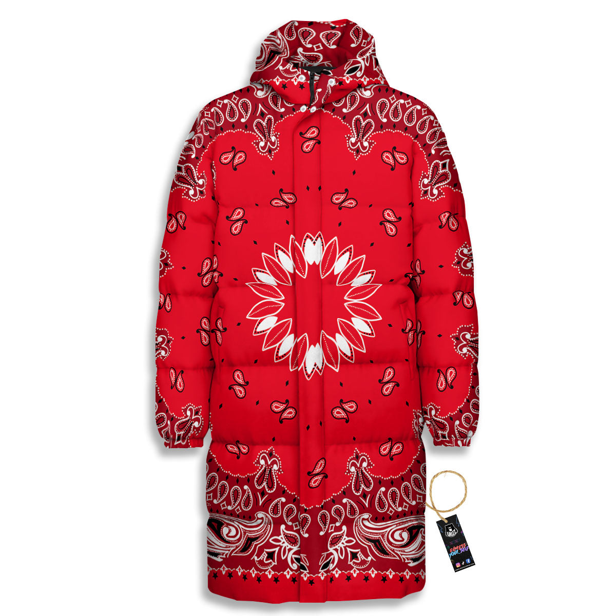 Paisley Bandana White And Red Print Long Down Jacket-grizzshop