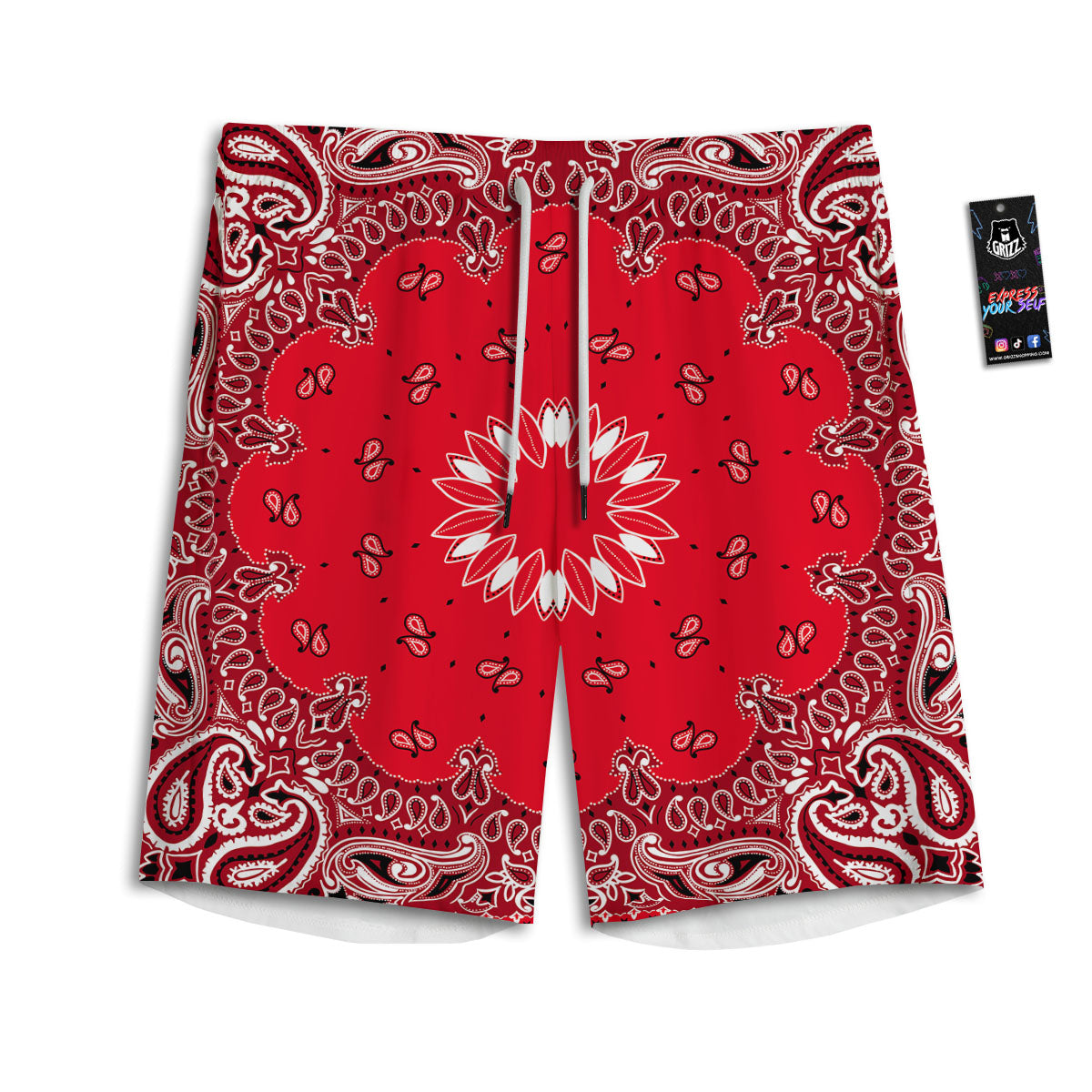 Paisley Bandana White And Red Print Men's Athletic Shorts