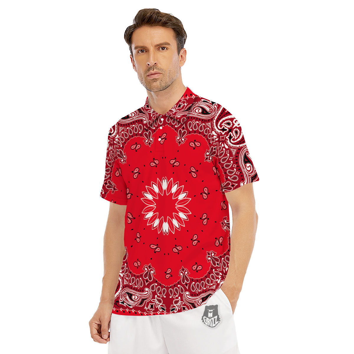 Paisley Bandana White And Red Print Men's Golf Shirts-grizzshop