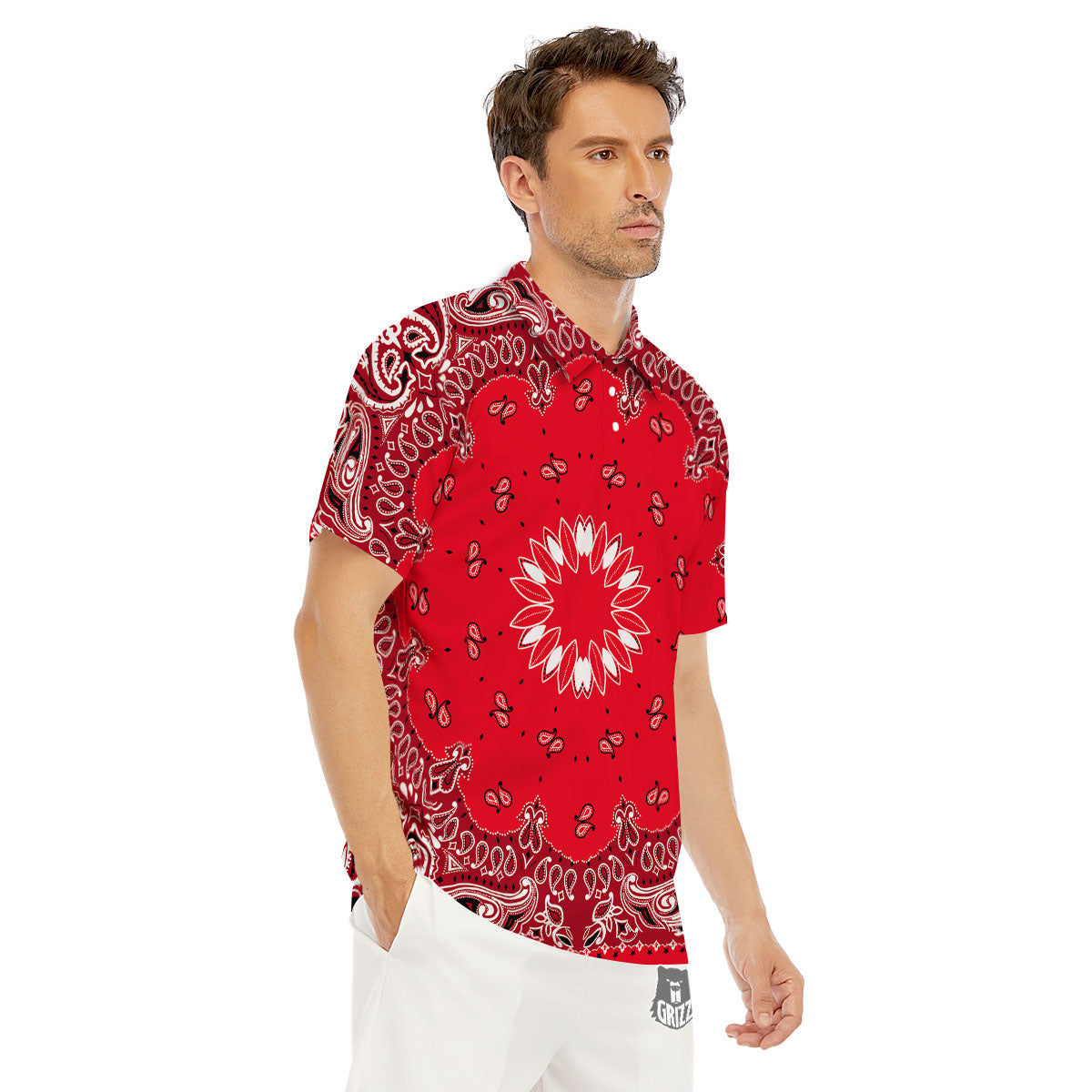 Paisley Bandana White And Red Print Men's Golf Shirts-grizzshop