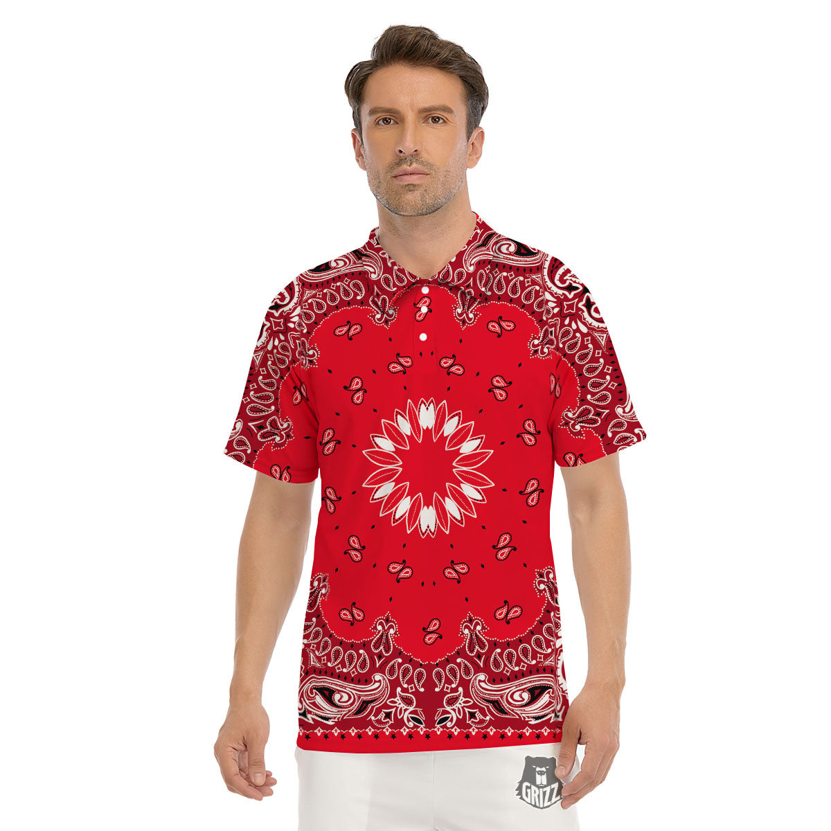 Paisley Bandana White And Red Print Men's Golf Shirts-grizzshop