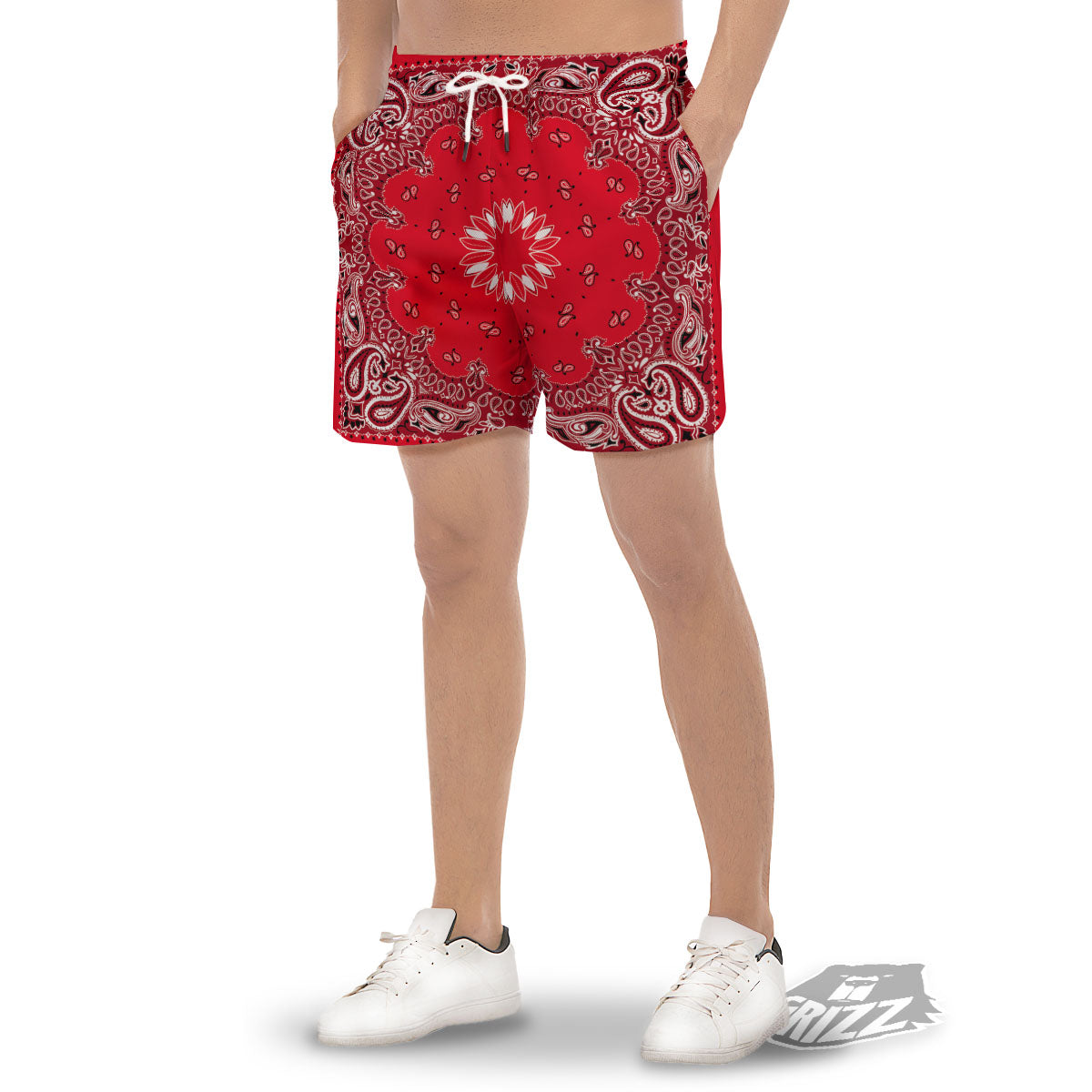 Paisley Bandana White And Red Print Men's Gym Shorts-grizzshop