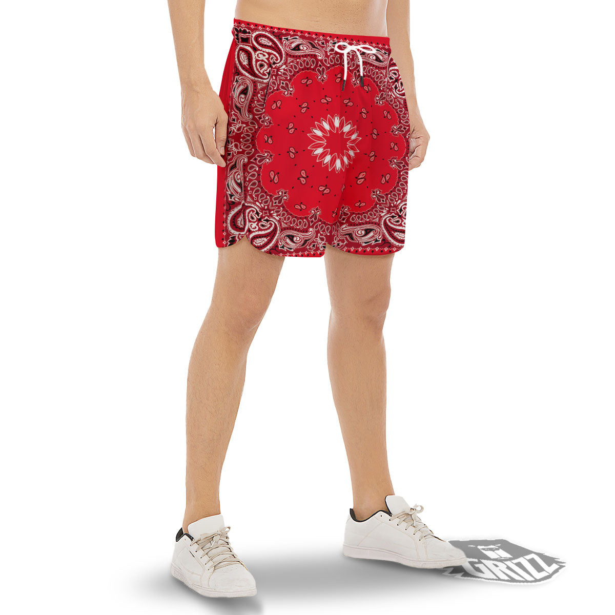 Paisley Bandana White And Red Print Men's Gym Shorts-grizzshop