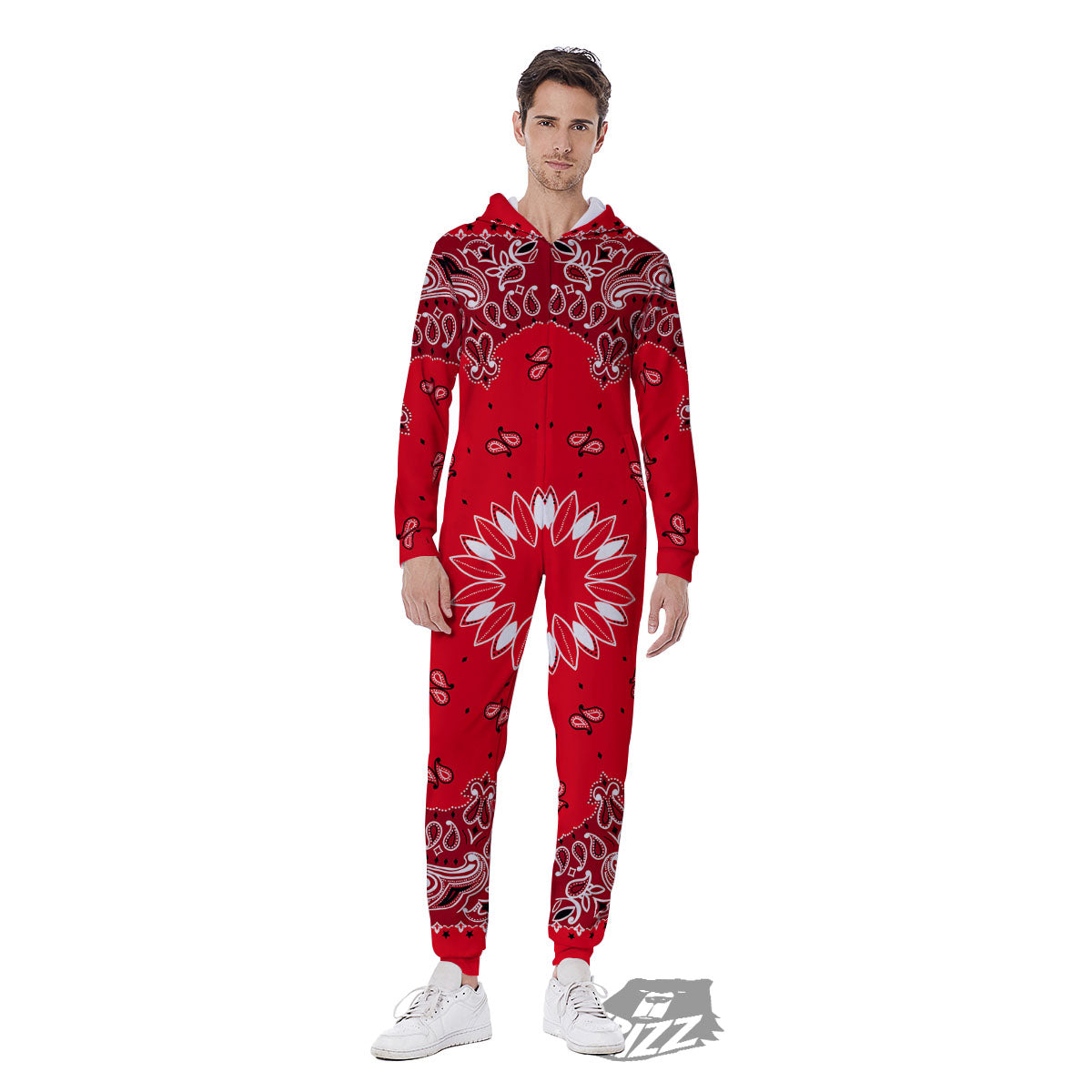 Paisley Bandana White And Red Print Men's Jumpsuit-grizzshop