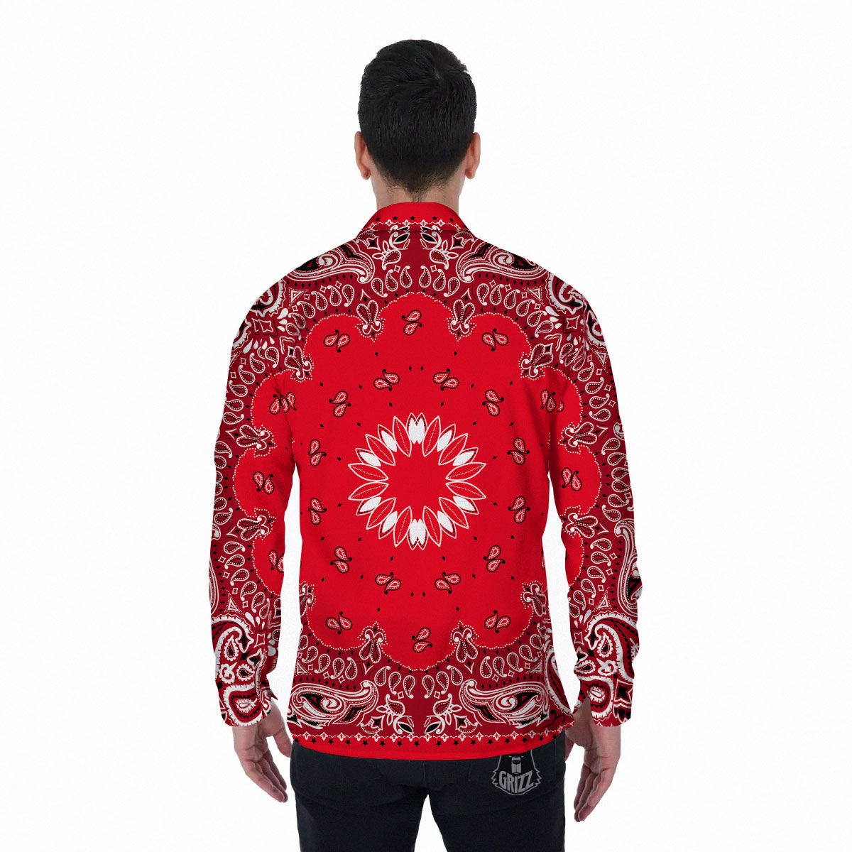 Paisley Bandana White And Red Print Men's Long Sleeve Shirts-grizzshop