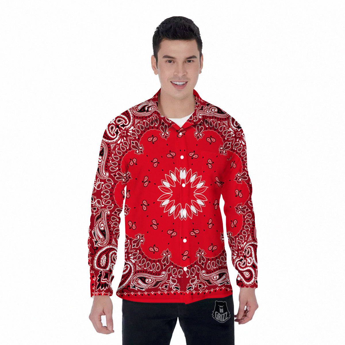 Paisley Bandana White And Red Print Men's Long Sleeve Shirts-grizzshop