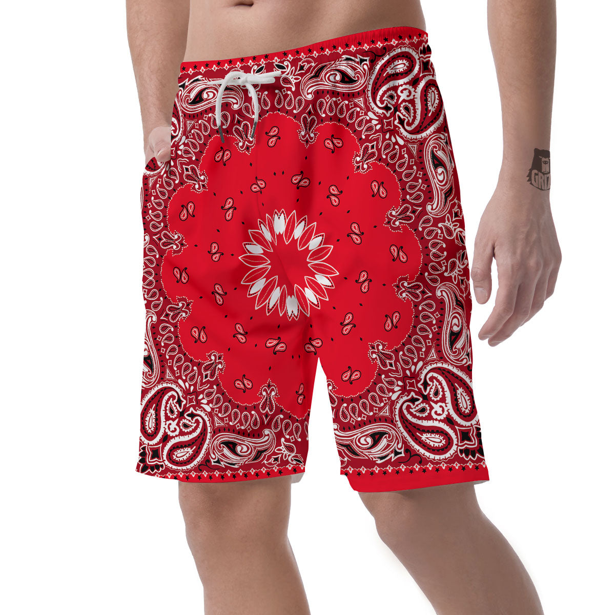 Paisley Bandana White And Red Print Men's Shorts-grizzshop