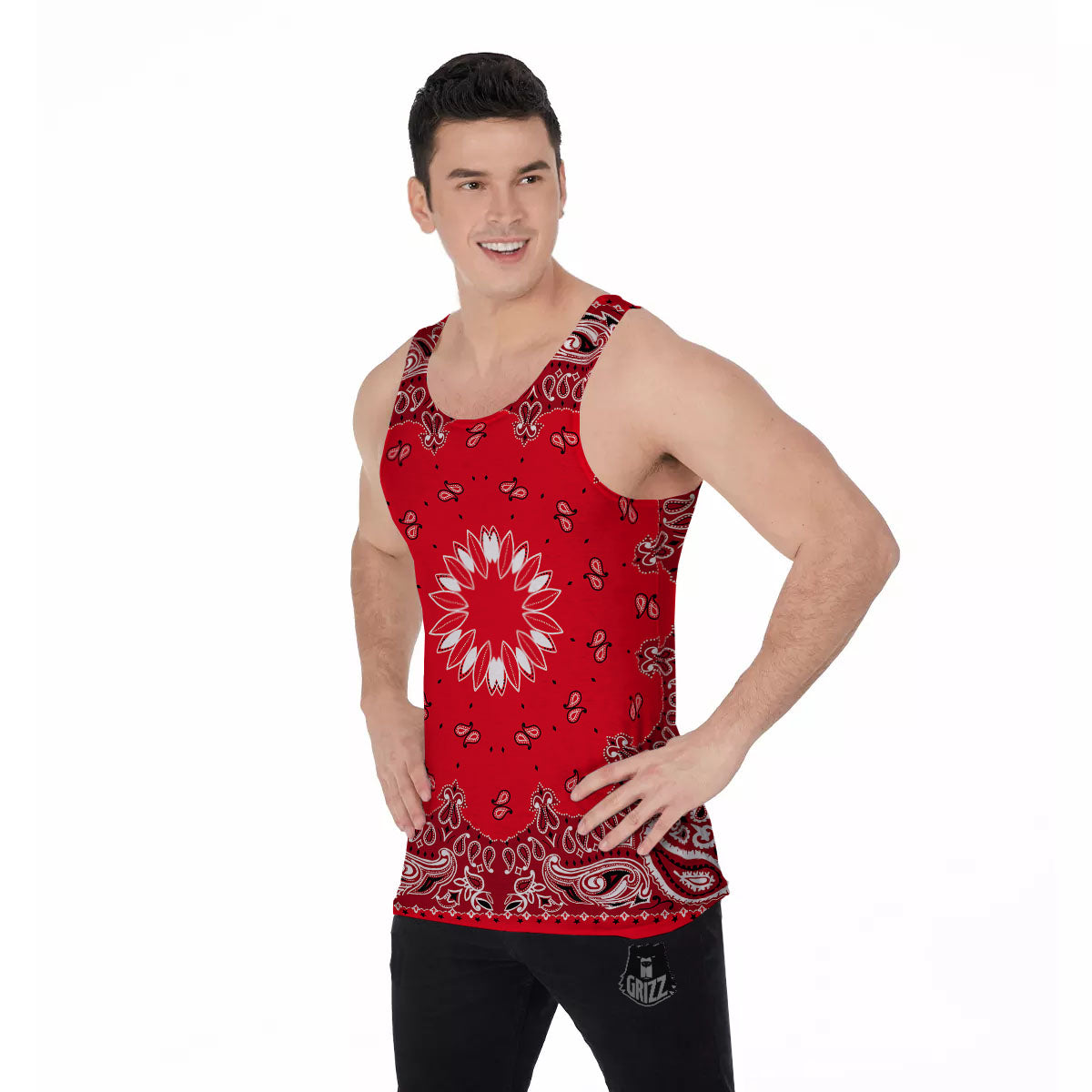 Paisley Bandana White And Red Print Men's Tank Top-grizzshop