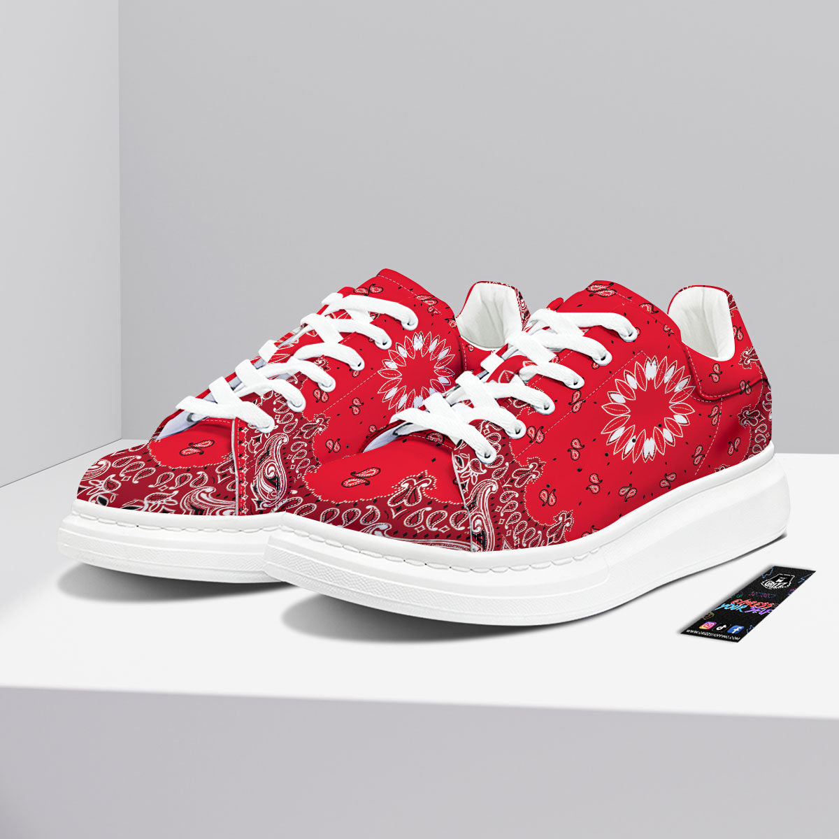 Paisley Bandana White And Red Print Platform Shoes-grizzshop