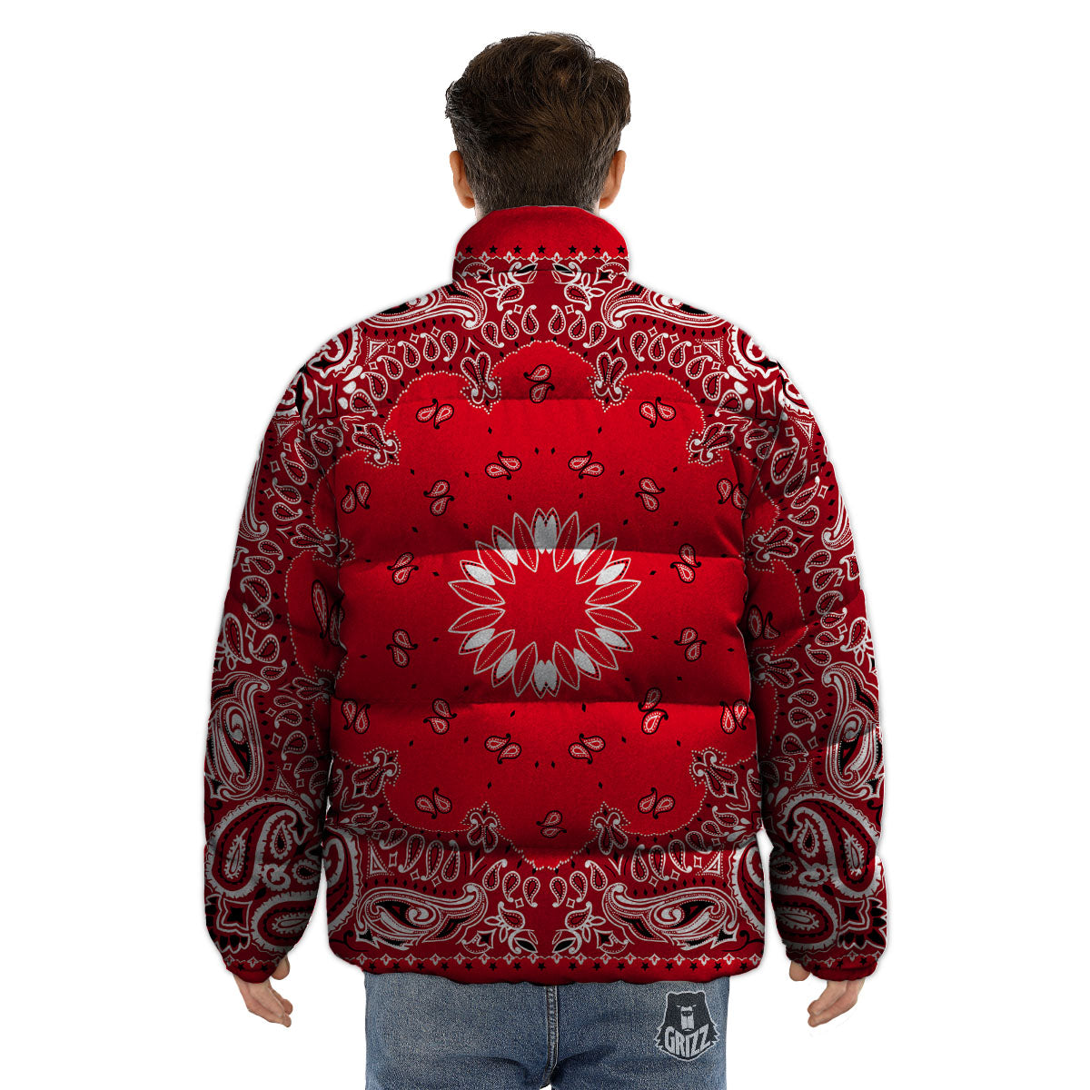 Paisley Bandana White And Red Print Puffer Jacket-grizzshop
