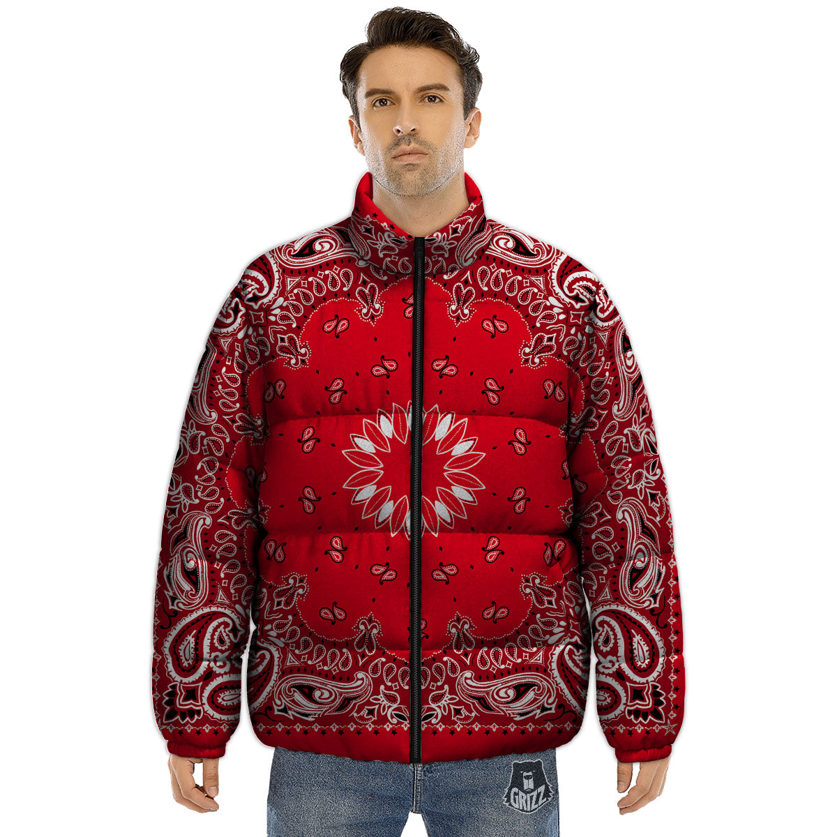 Paisley Bandana White And Red Print Puffer Jacket-grizzshop