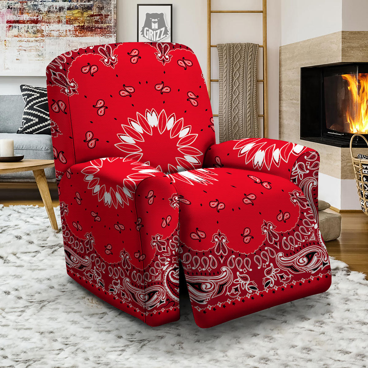 Paisley Bandana White And Red Print Recliner Slipcover-grizzshop