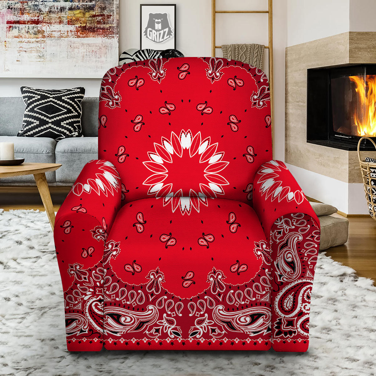 Paisley Bandana White And Red Print Recliner Slipcover-grizzshop