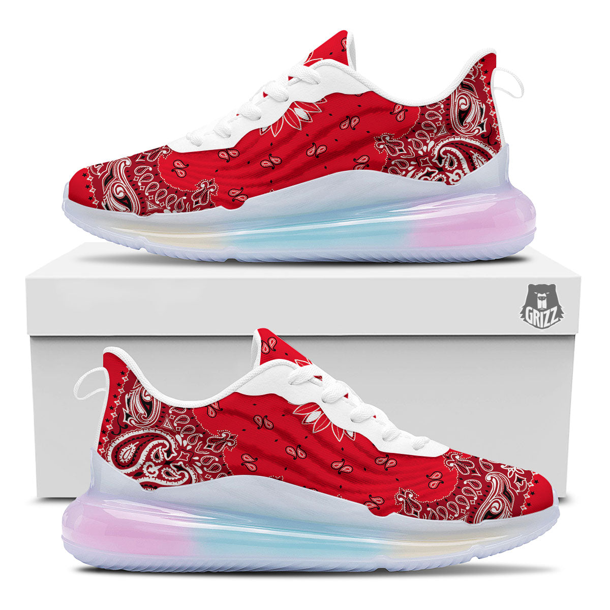 Paisley Bandana White And Red Print Running Sneakers-grizzshop
