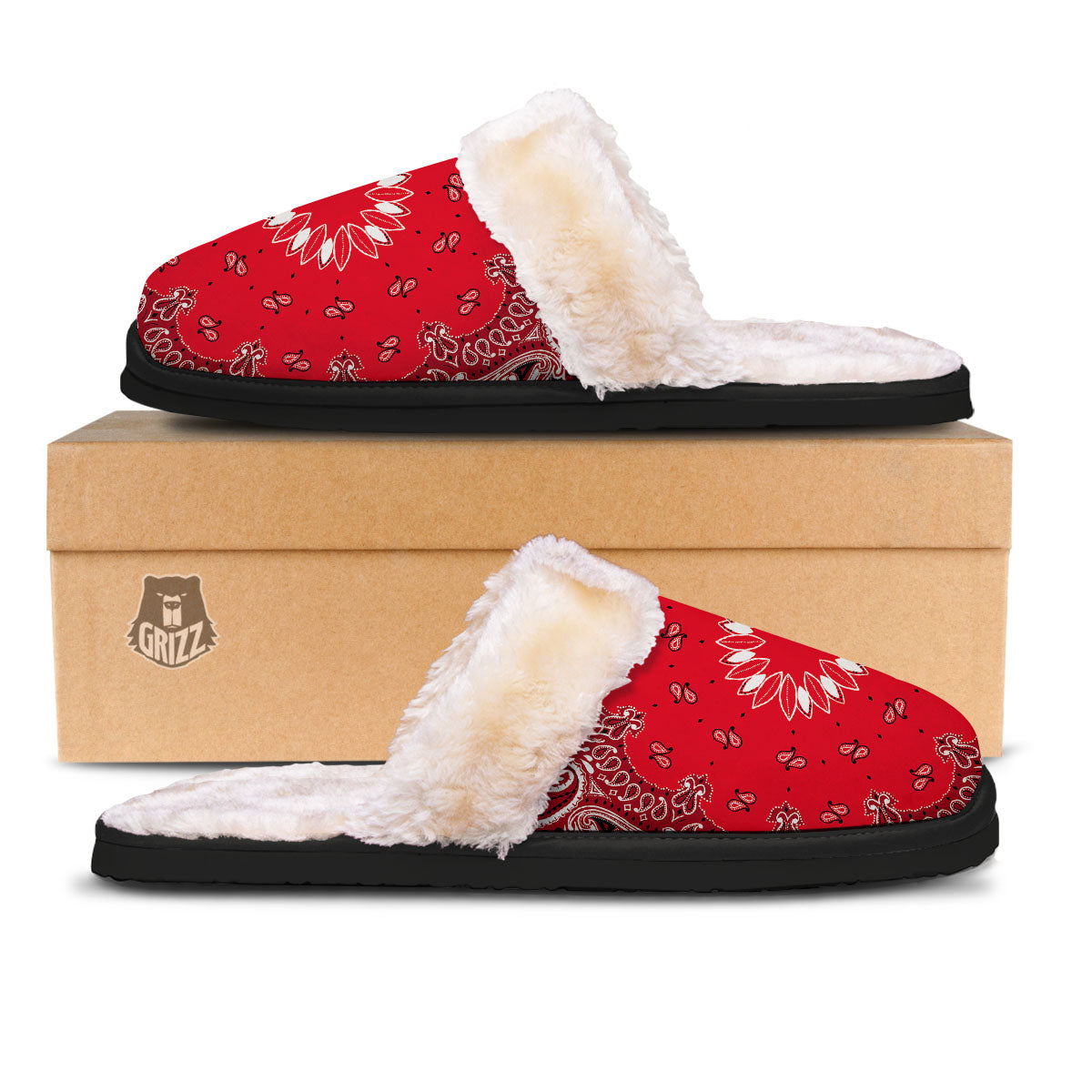 Paisley Bandana White And Red Print Slippers-grizzshop