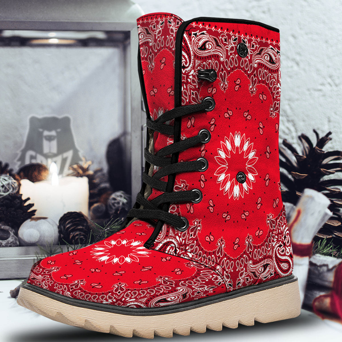 Paisley Bandana White And Red Print Snow Boots-grizzshop