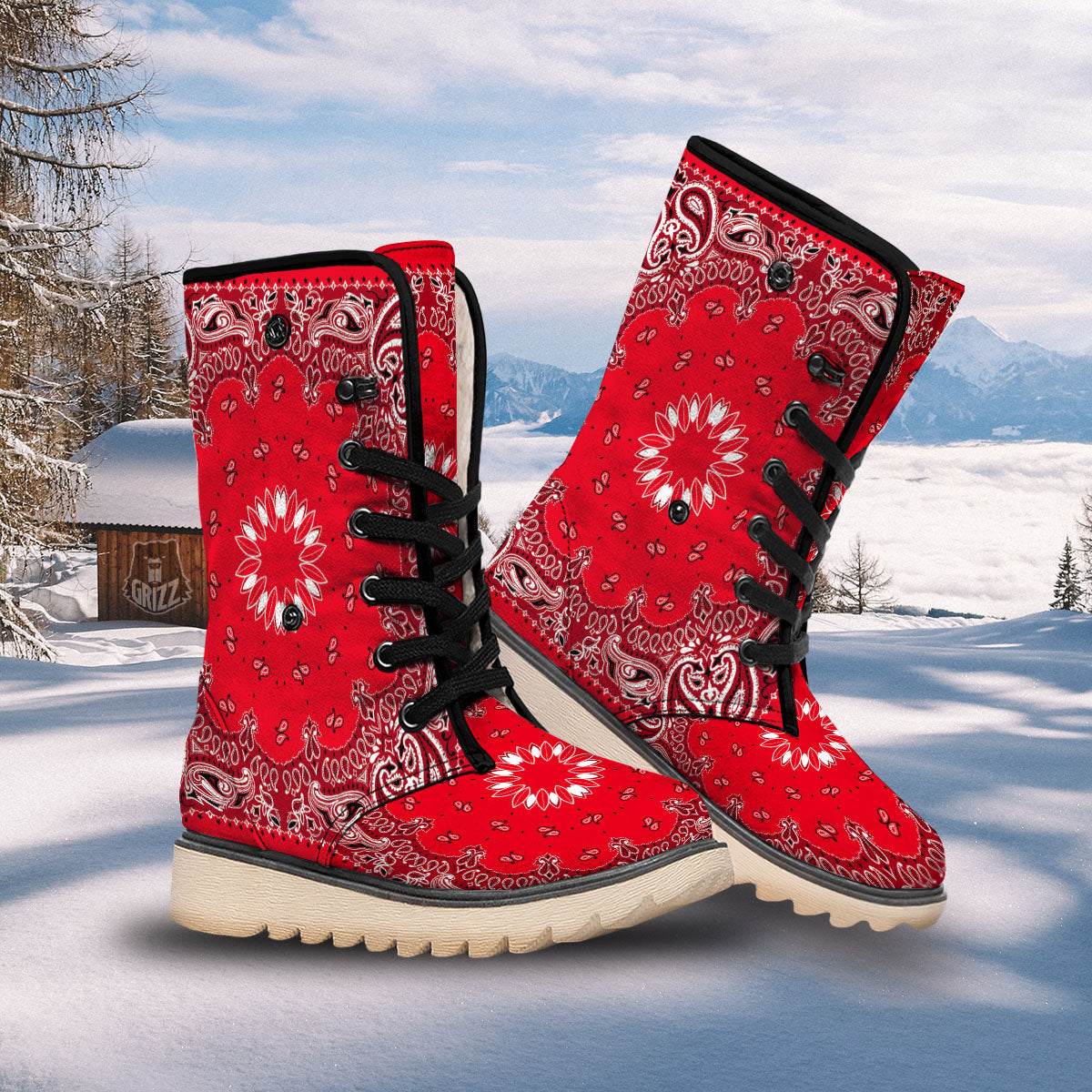 Paisley Bandana White And Red Print Snow Boots-grizzshop
