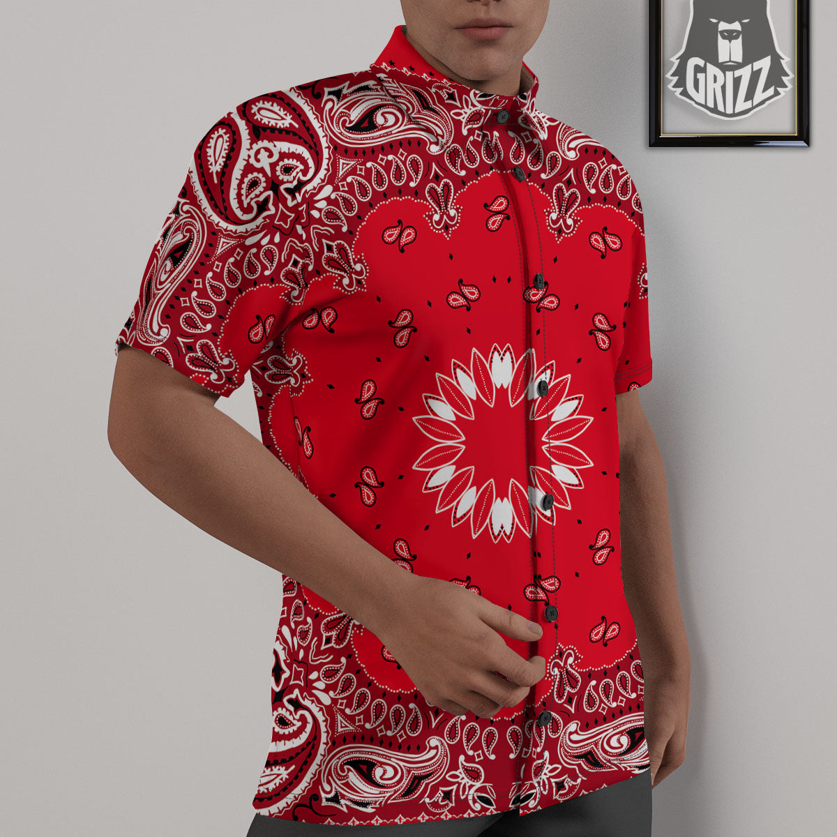 Paisley Bandana White And Red Print Untucked Shirts-grizzshop