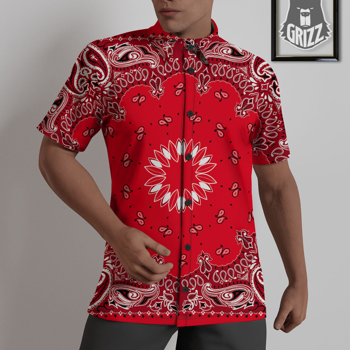 Paisley Bandana White And Red Print Untucked Shirts-grizzshop