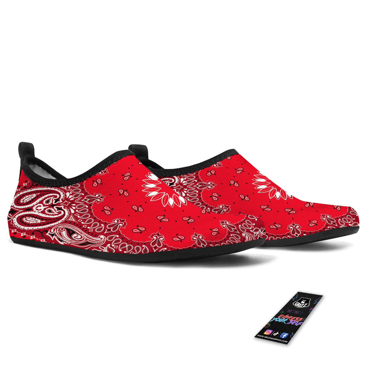 Paisley Bandana White And Red Print Water Shoes-grizzshop