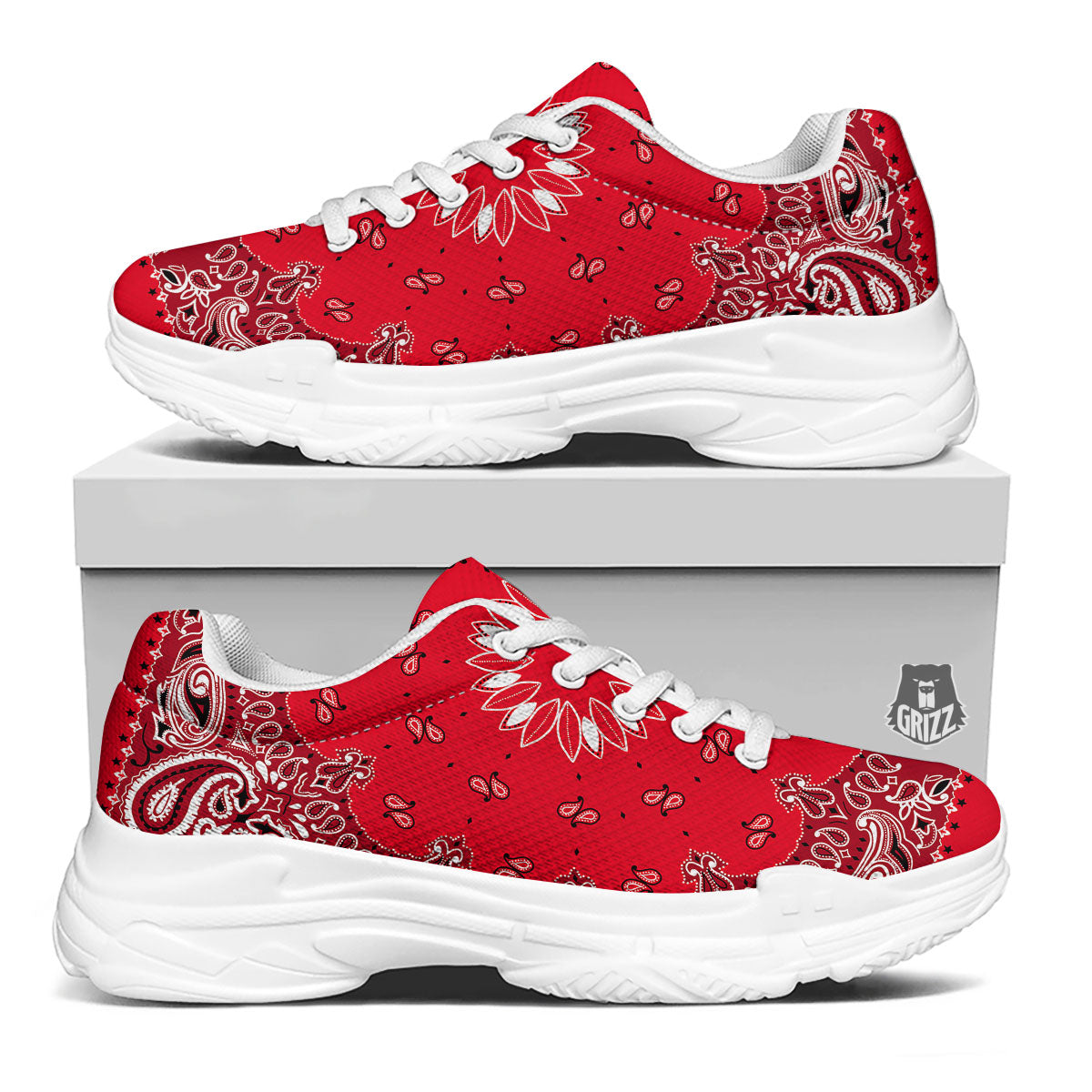 Paisley Bandana White And Red Print White Chunky Shoes-grizzshop