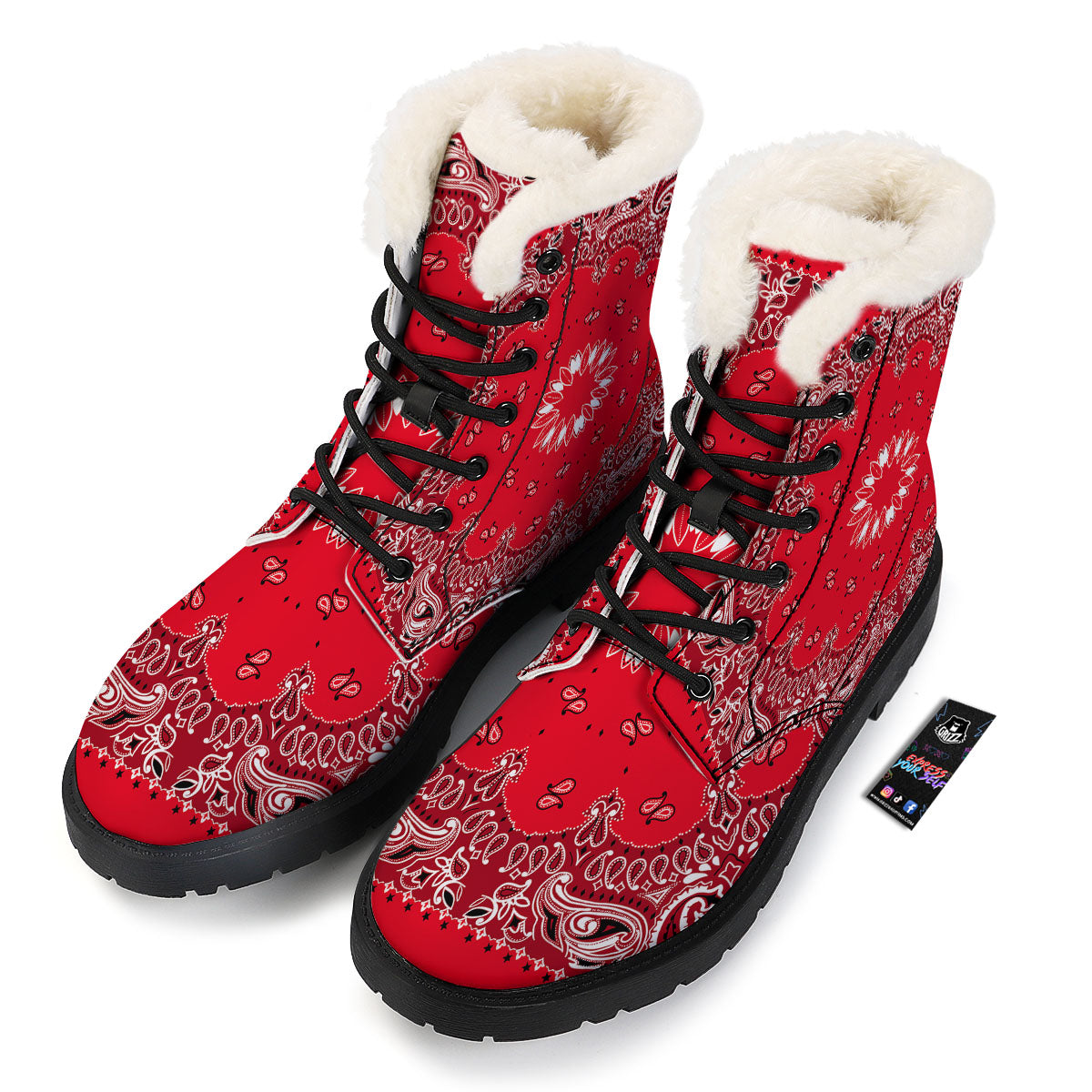 Paisley Bandana White And Red Print Winter Boots-grizzshop