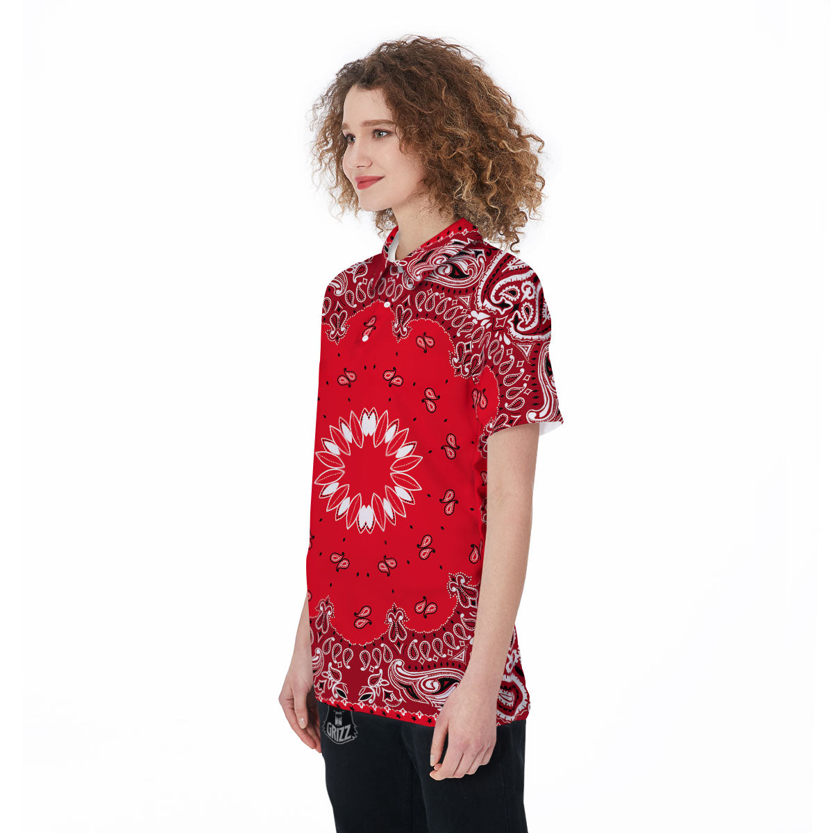 Paisley Bandana White And Red Print Women's Golf Shirts-grizzshop