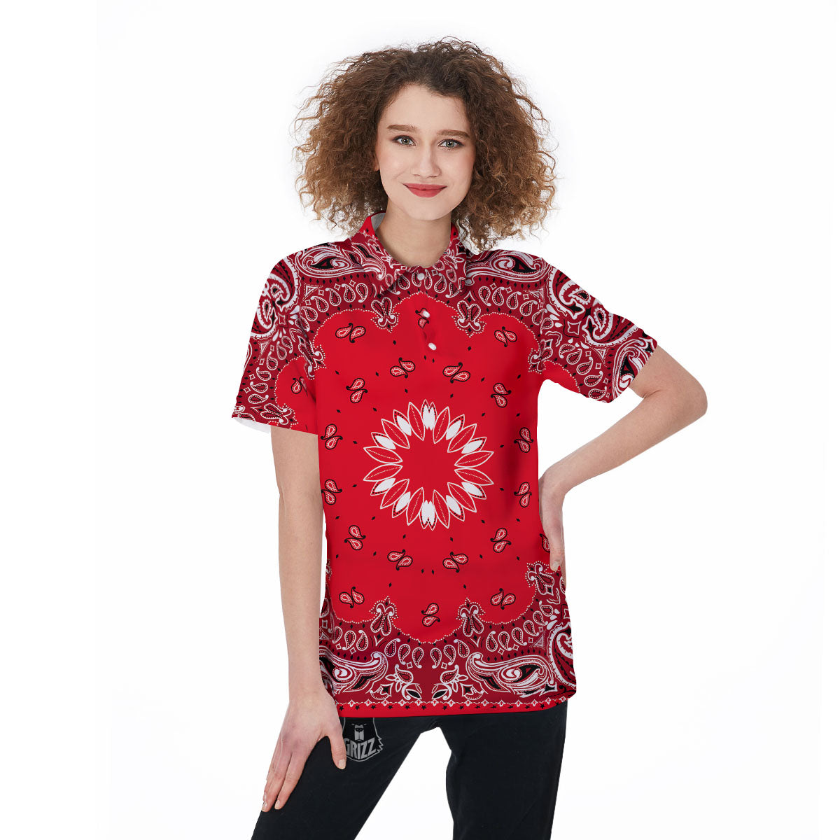 Paisley Bandana White And Red Print Women's Golf Shirts-grizzshop