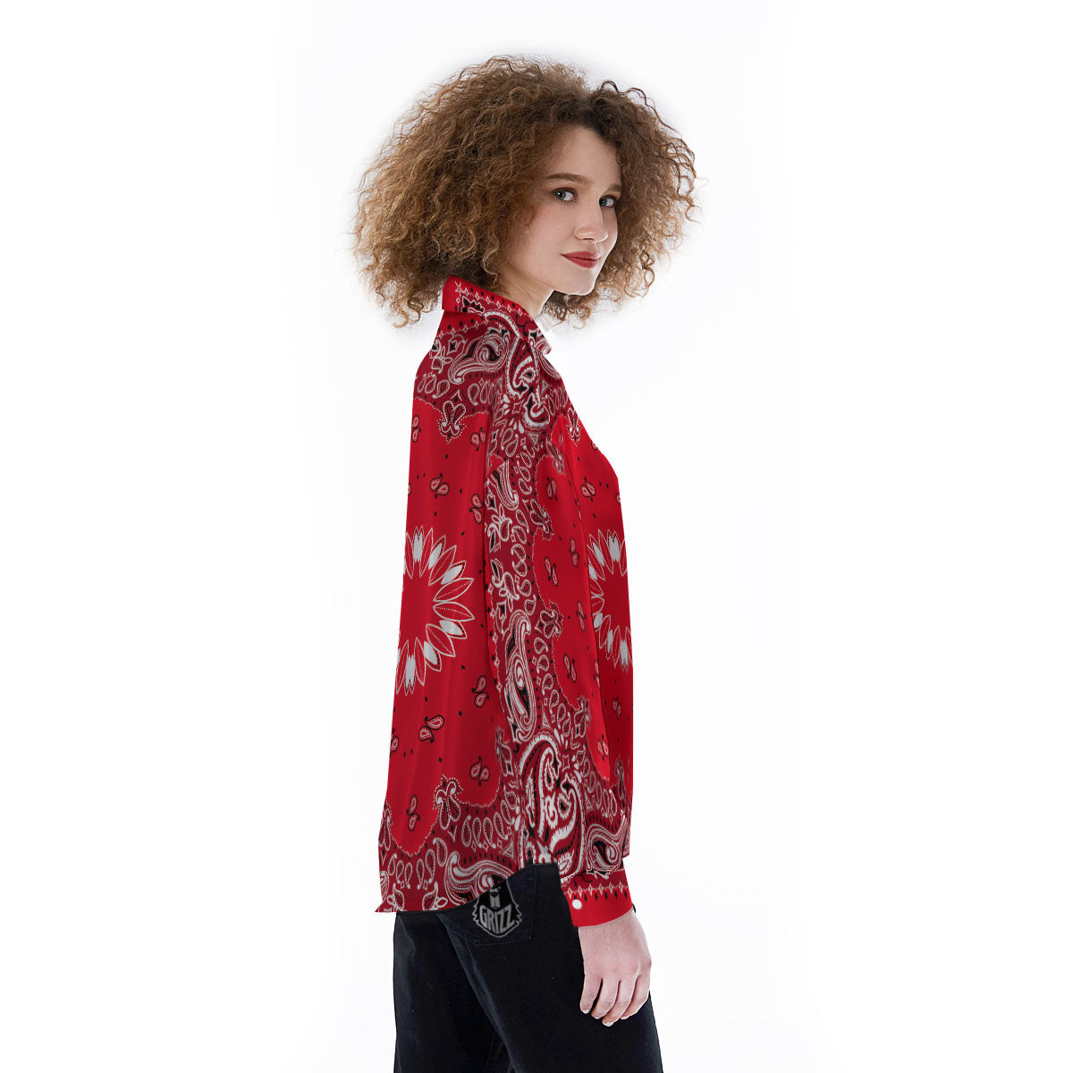 Paisley Bandana White And Red Print Women's Long Sleeve Shirts-grizzshop