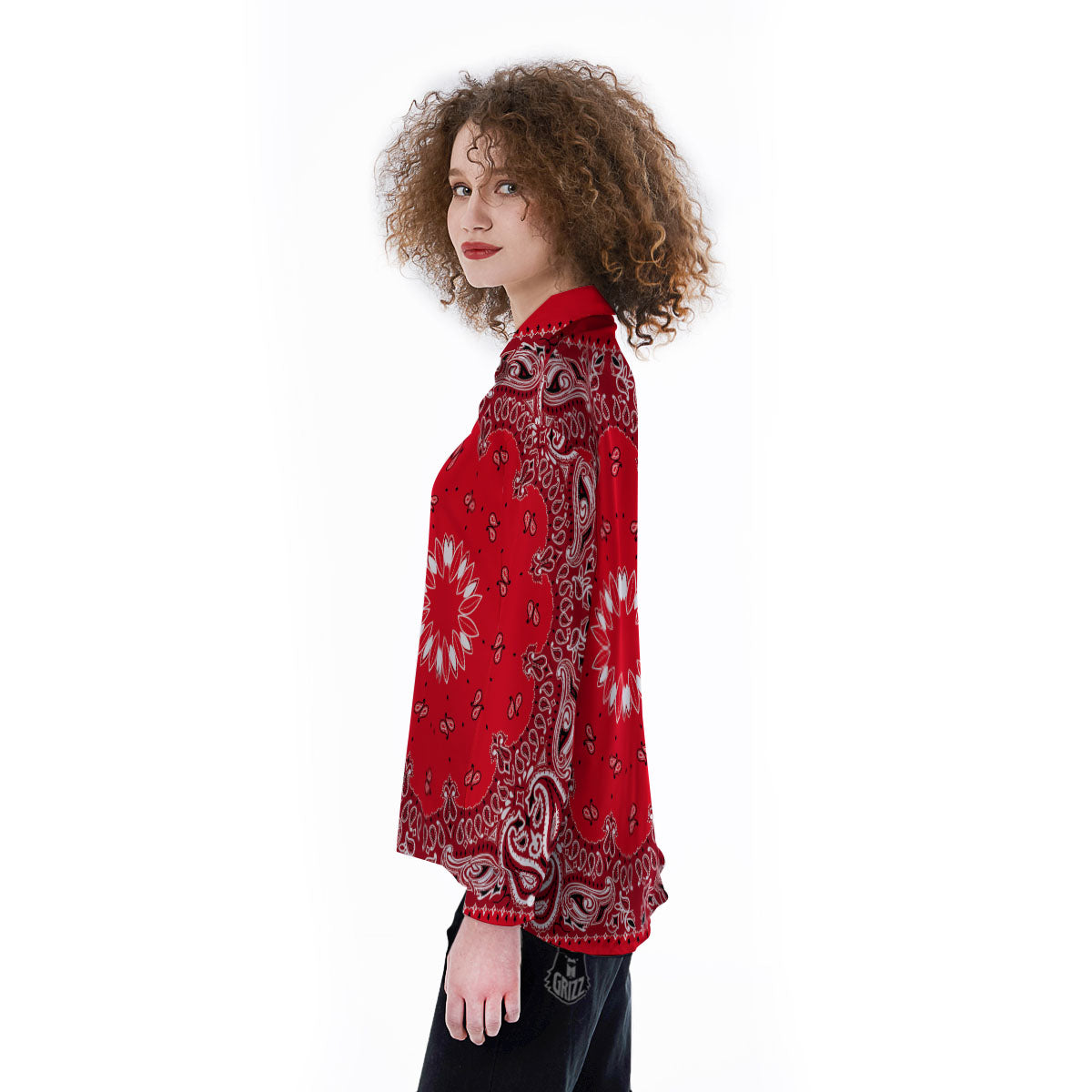 Paisley Bandana White And Red Print Women's Long Sleeve Shirts-grizzshop