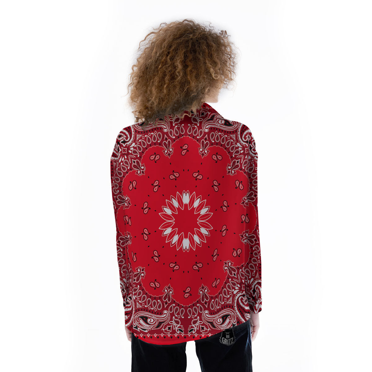 Paisley Bandana White And Red Print Women's Long Sleeve Shirts-grizzshop