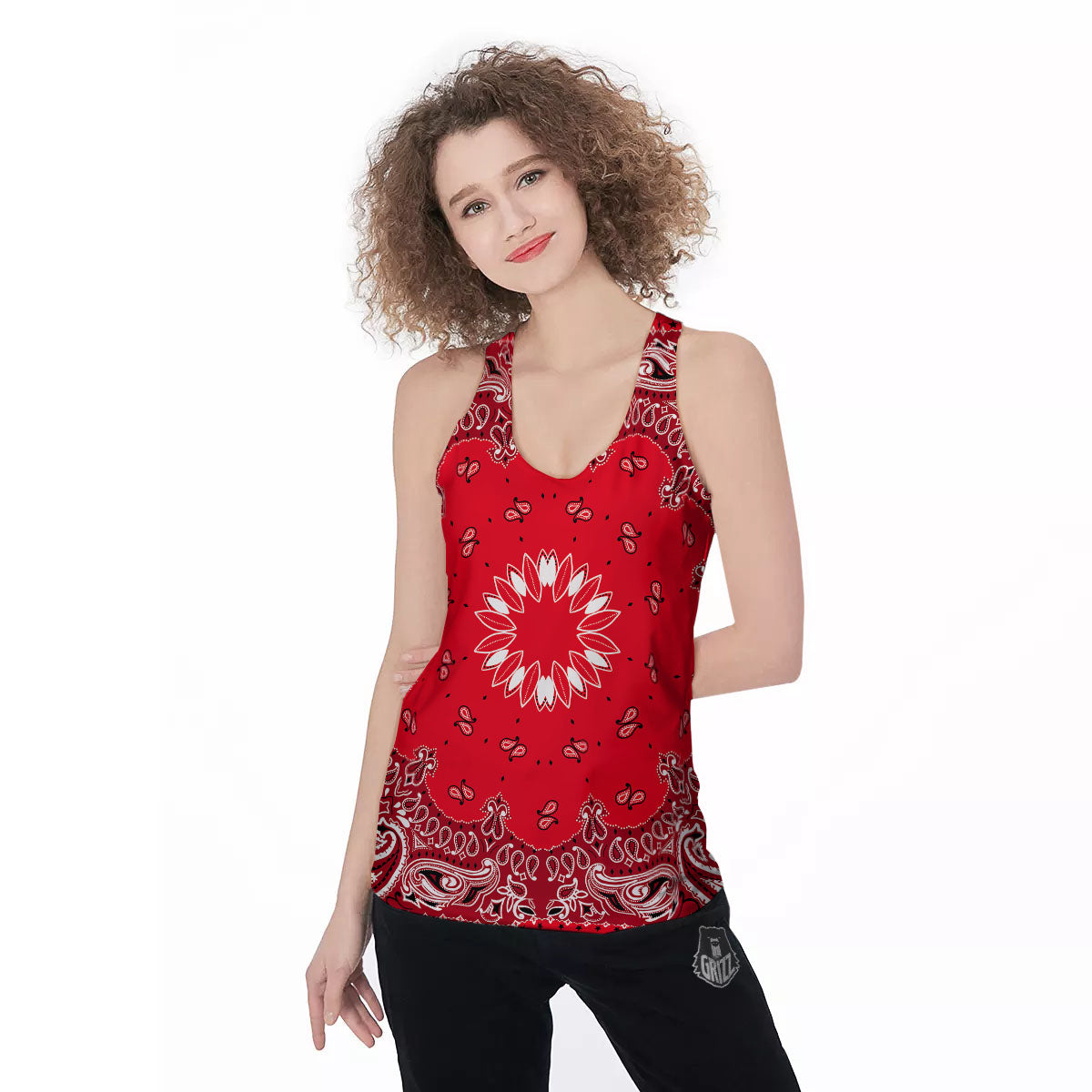 Paisley Bandana White And Red Print Women's Racerback Tank Top-grizzshop