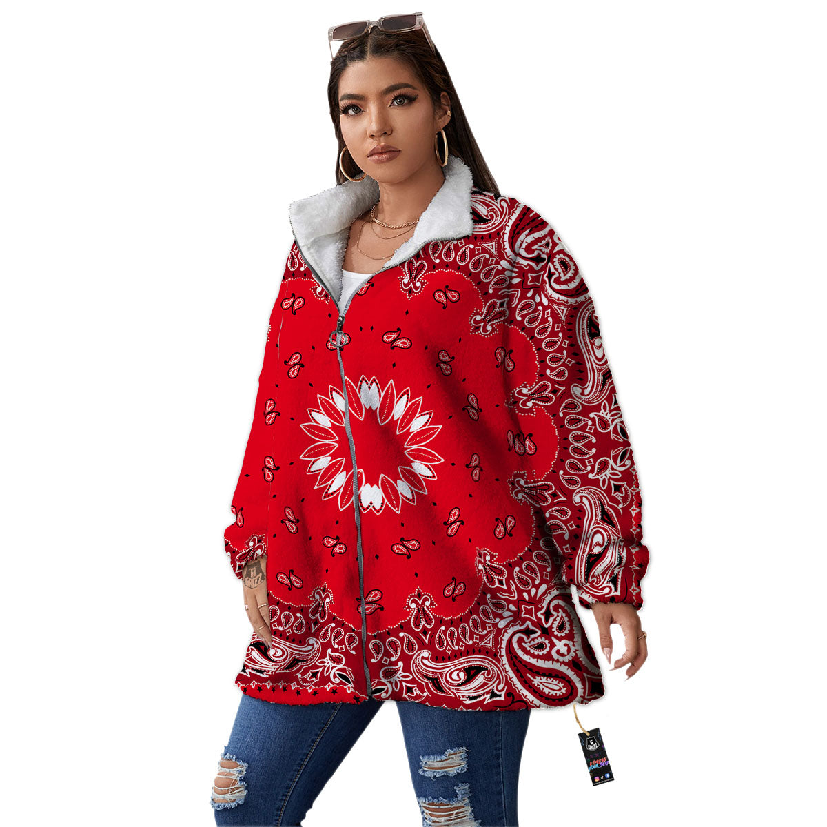 Paisley Bandana White And Red Print Women's Sherpa Jacket-grizzshop