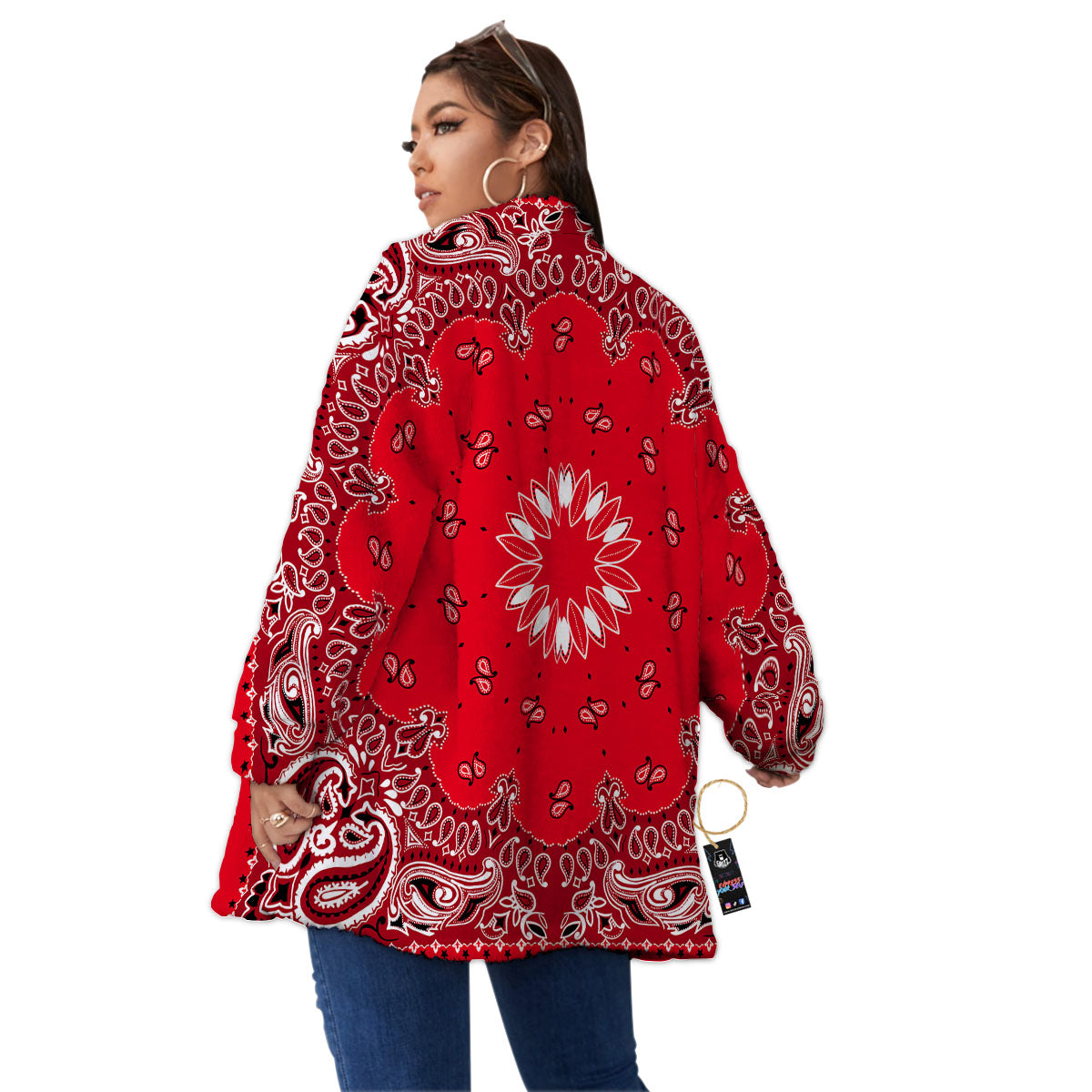 Paisley Bandana White And Red Print Women's Sherpa Jacket-grizzshop