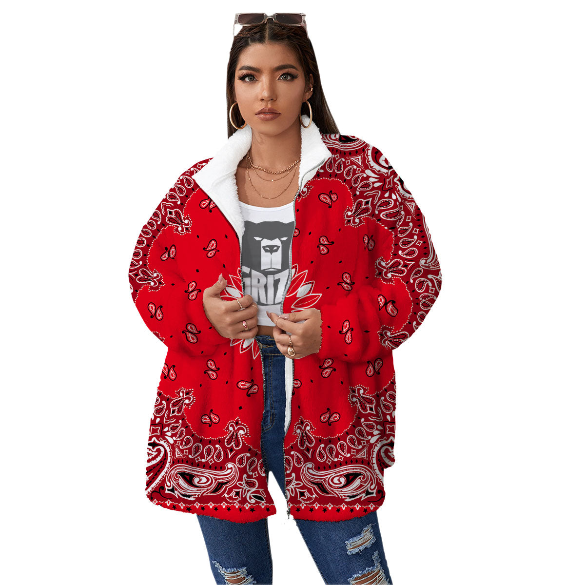 Paisley Bandana White And Red Print Women's Sherpa Jacket-grizzshop