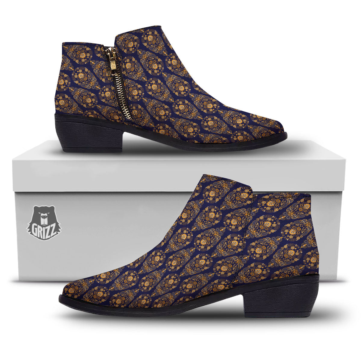 Paisley Blue And Gold Print Pattern Ankle Boots-grizzshop