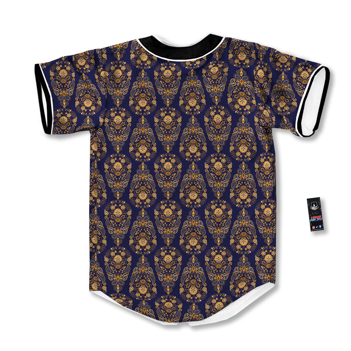 Paisley Blue And Gold Print Pattern Baseball Jersey-grizzshop