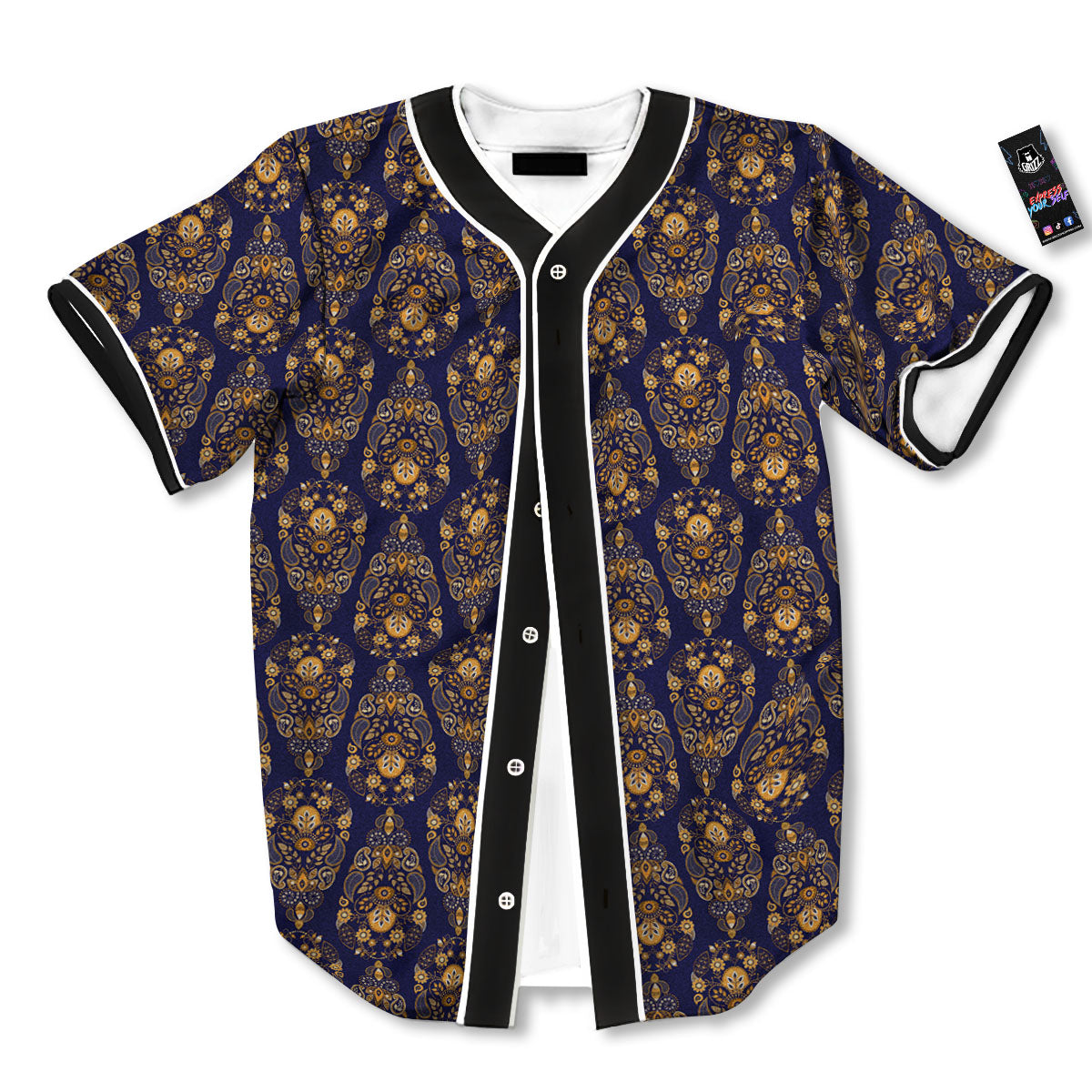 Paisley Blue And Gold Print Pattern Baseball Jersey-grizzshop