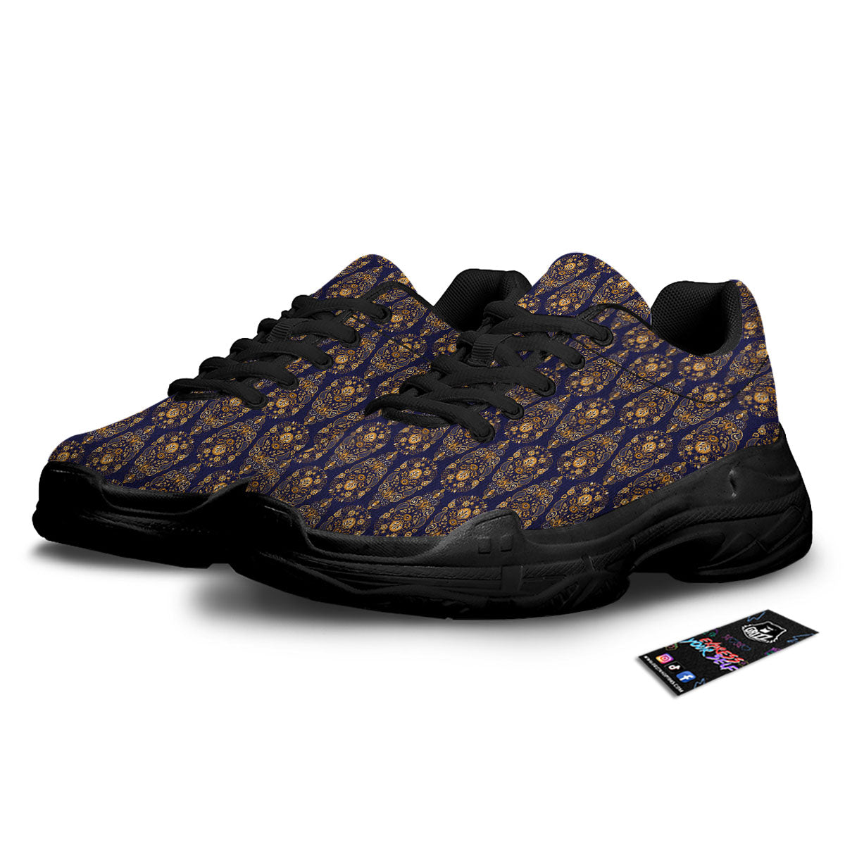Paisley Blue And Gold Print Pattern Black Chunky Shoes-grizzshop
