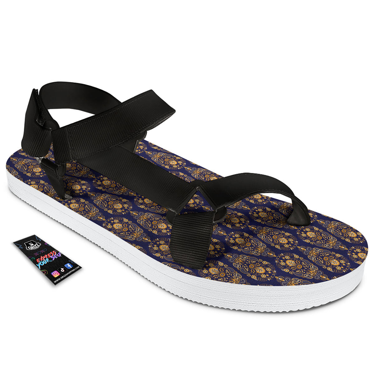 Paisley Blue And Gold Print Pattern Black Open Toe Sandals-grizzshop